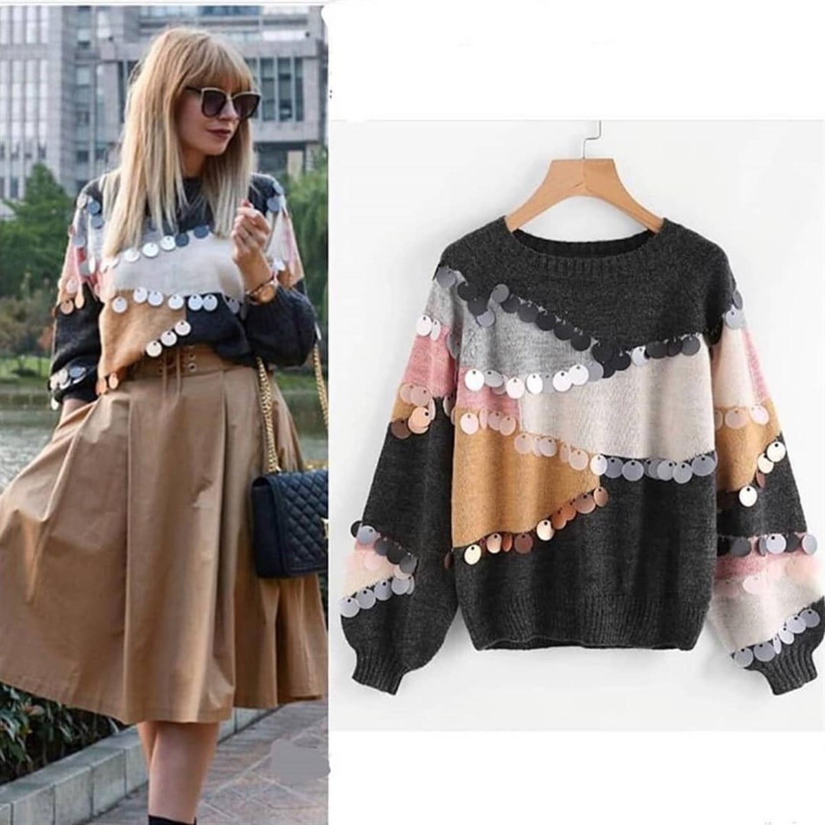 Pullu Parça Renkli Kazak 