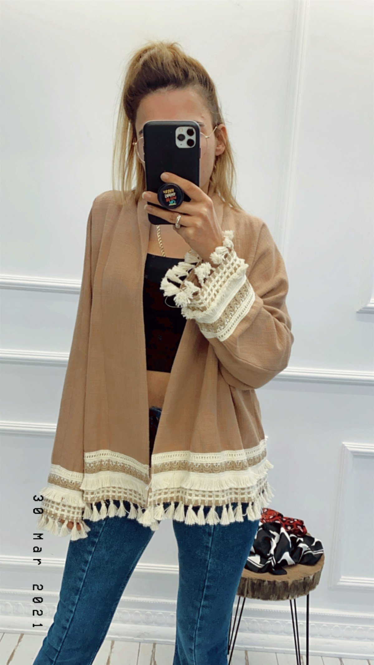 Püskül Detaylı Camel Keten Kimono Ceket