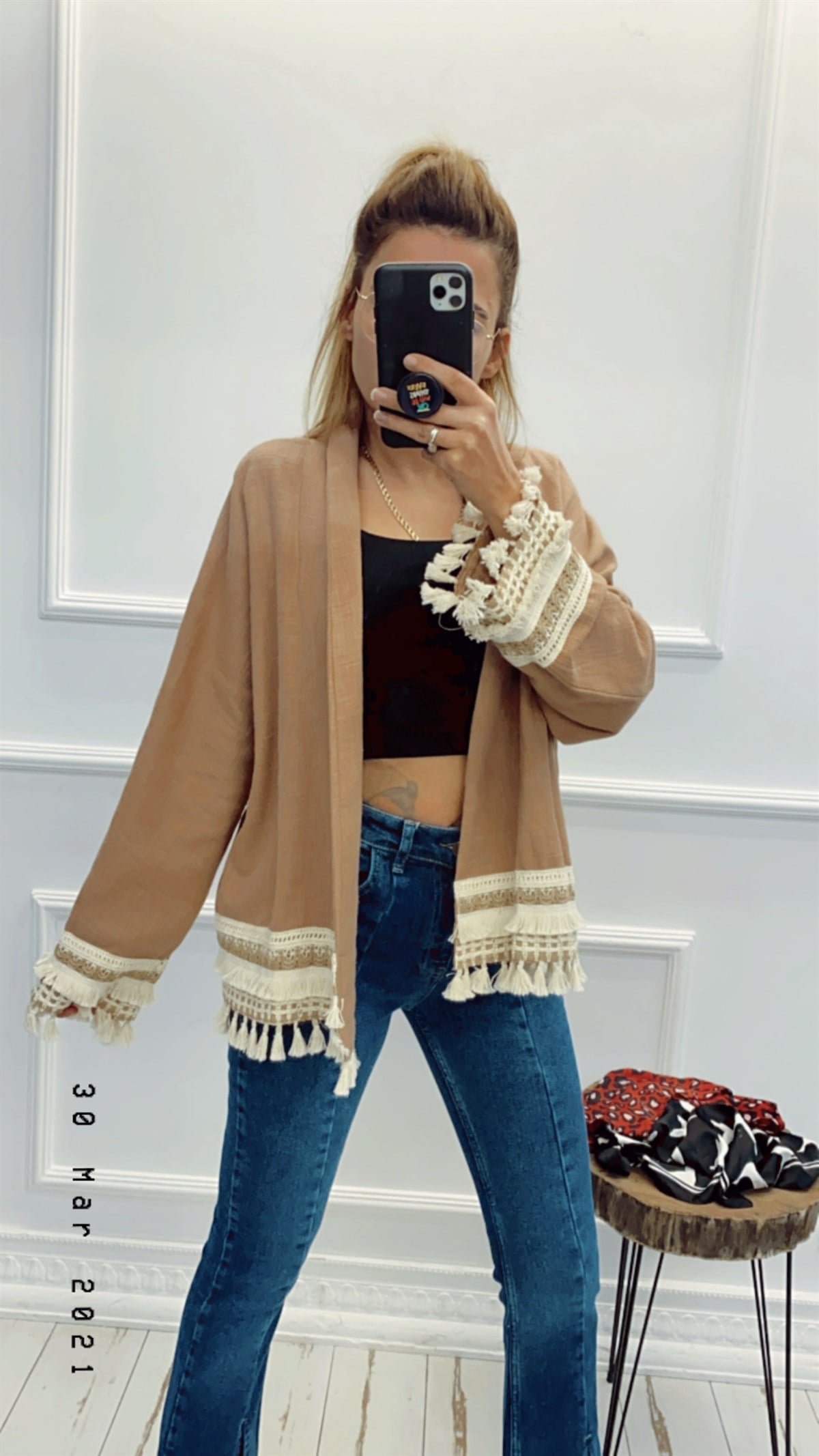 Püskül Detaylı Camel Keten Kimono Ceket