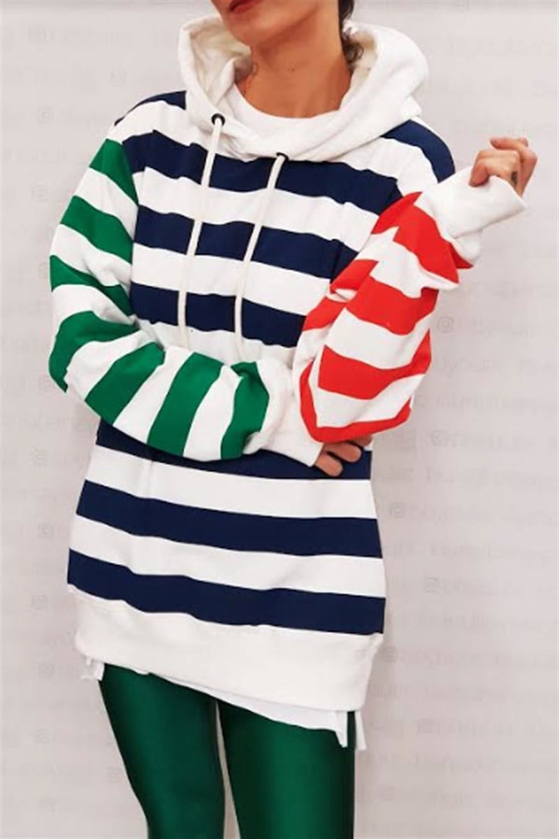 Renkli Çizgili Kapşonlu Sweatshirt