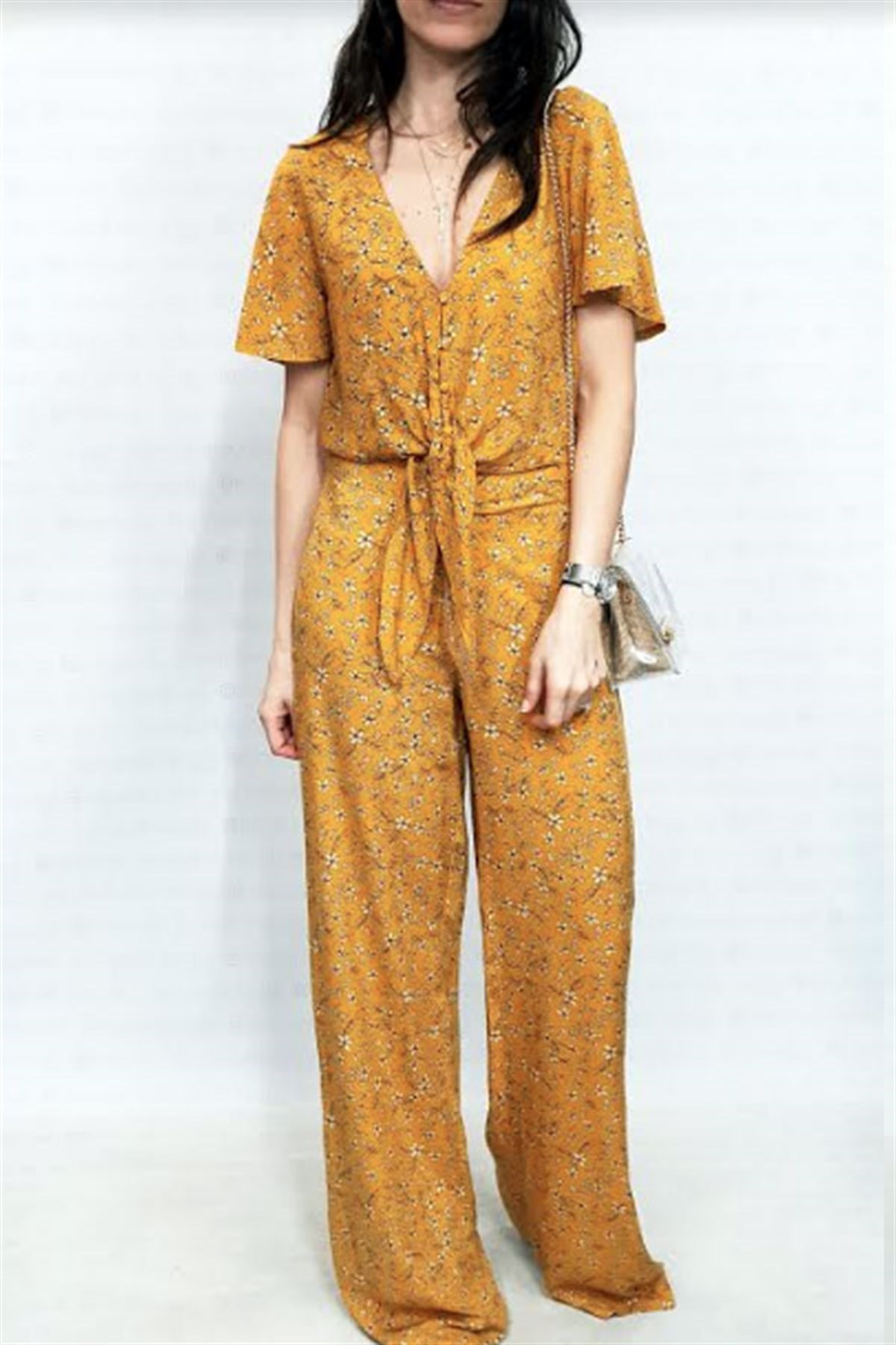 Sarı Desenli Bluz Pantalon Takım