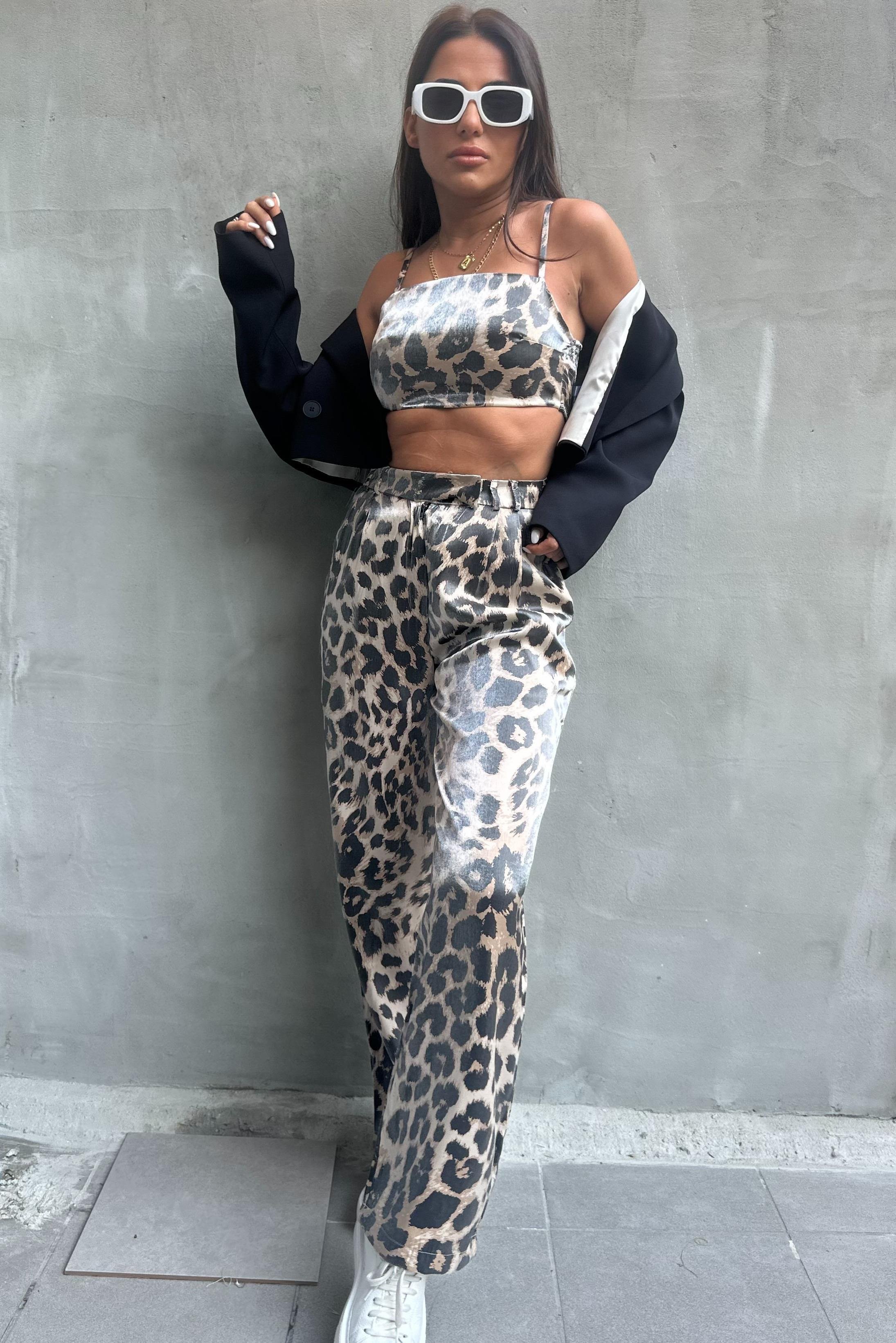 Saten Leopar Crop Pantolon TakımTAKIMLAR