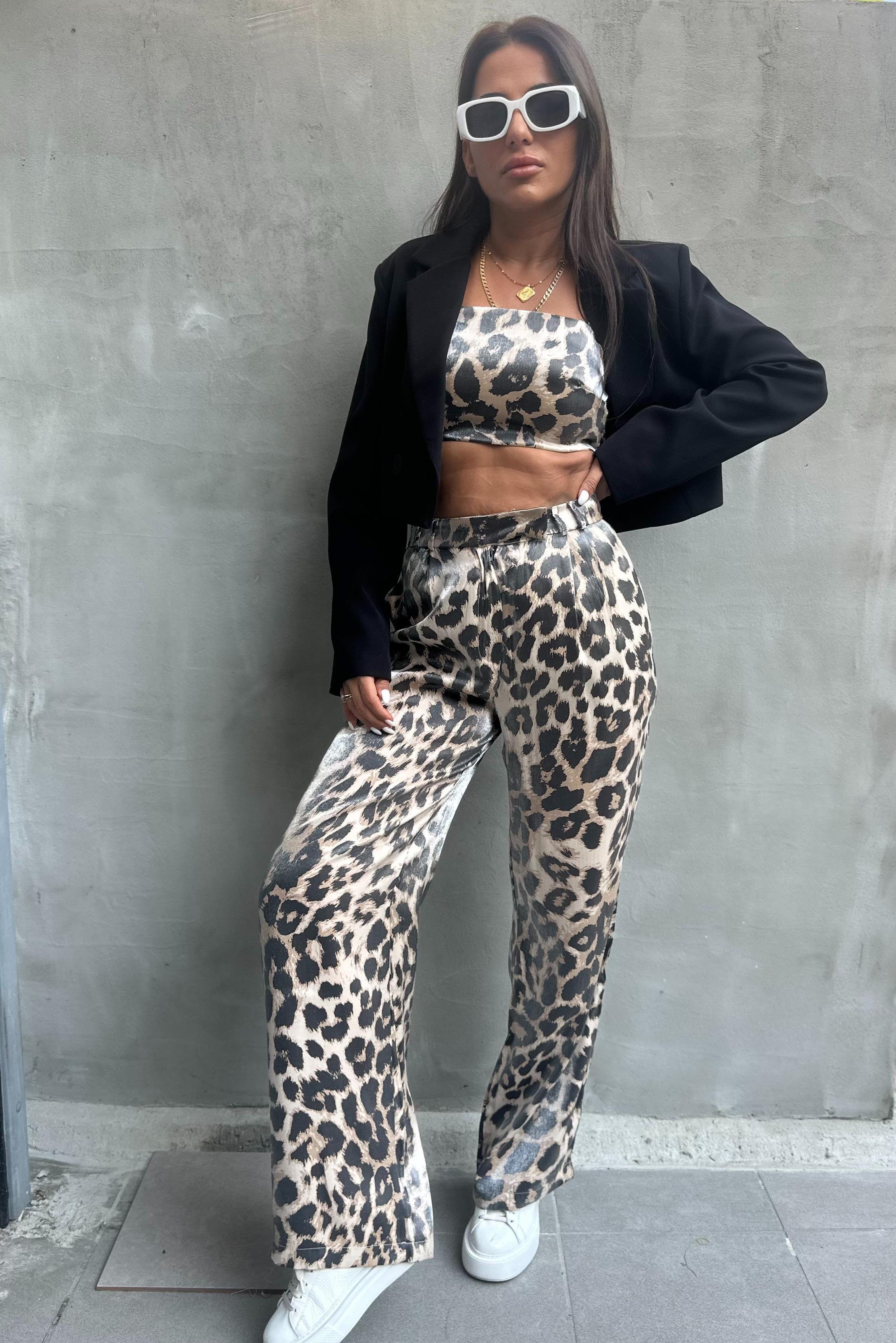 Saten Leopar Crop Pantolon TakımTAKIMLAR