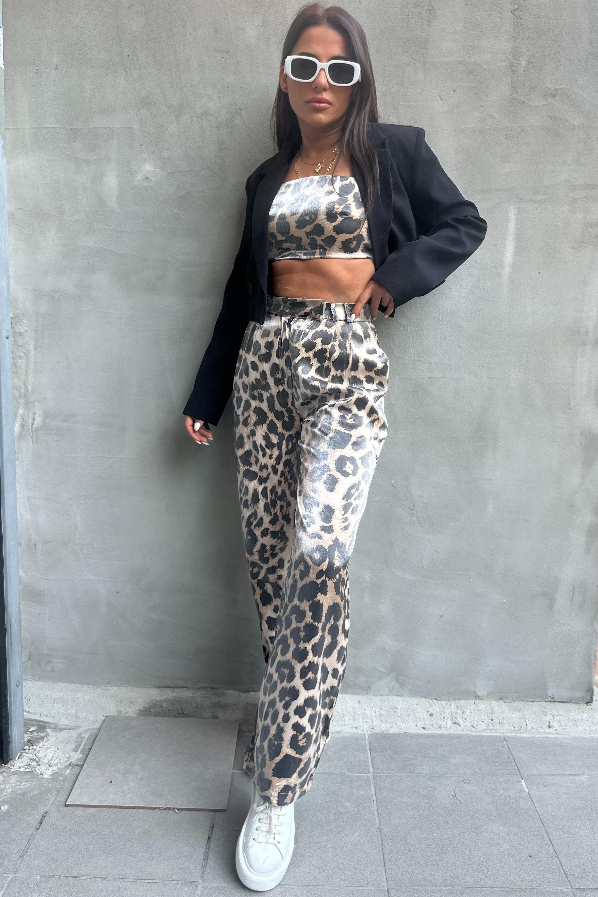 Saten Leopar Crop Pantolon TakımTAKIMLAR