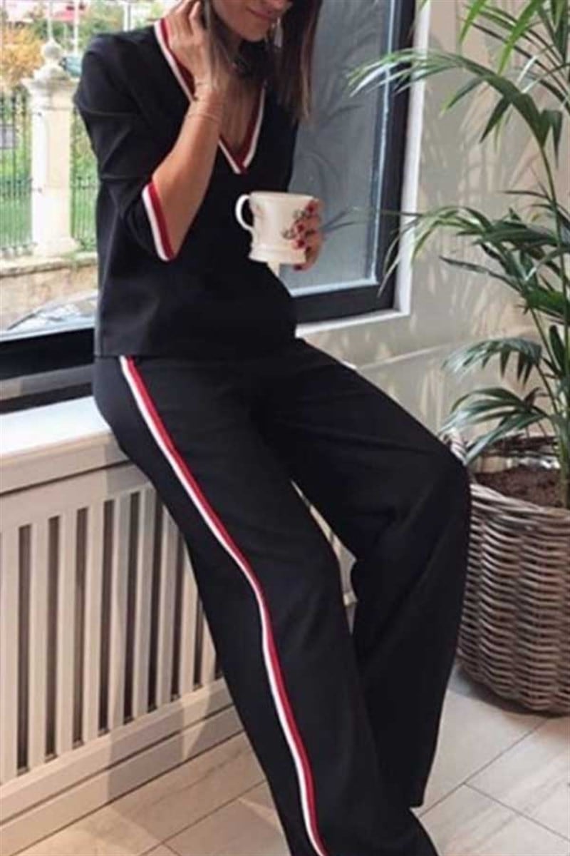 Şerit Detay Atlas Kumaş Pantalon Bluz Takım