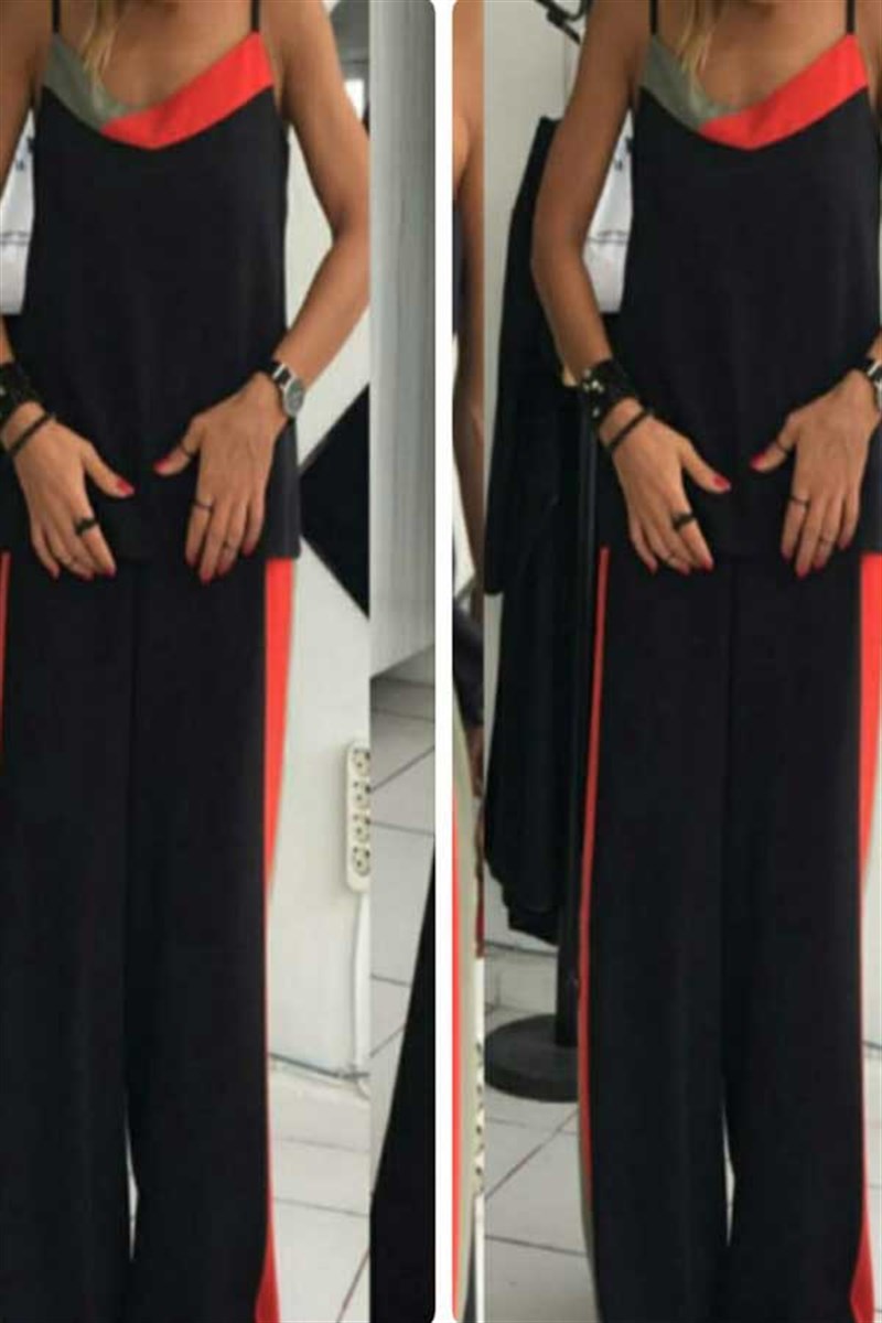 Şerit Renk Detaylı Askılı Bluz Pantalon Takım