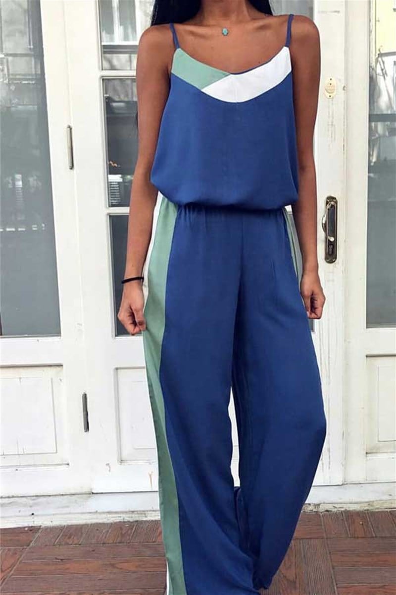 Şerit Renk Detaylı Askılı Bluz Pantalon Takım