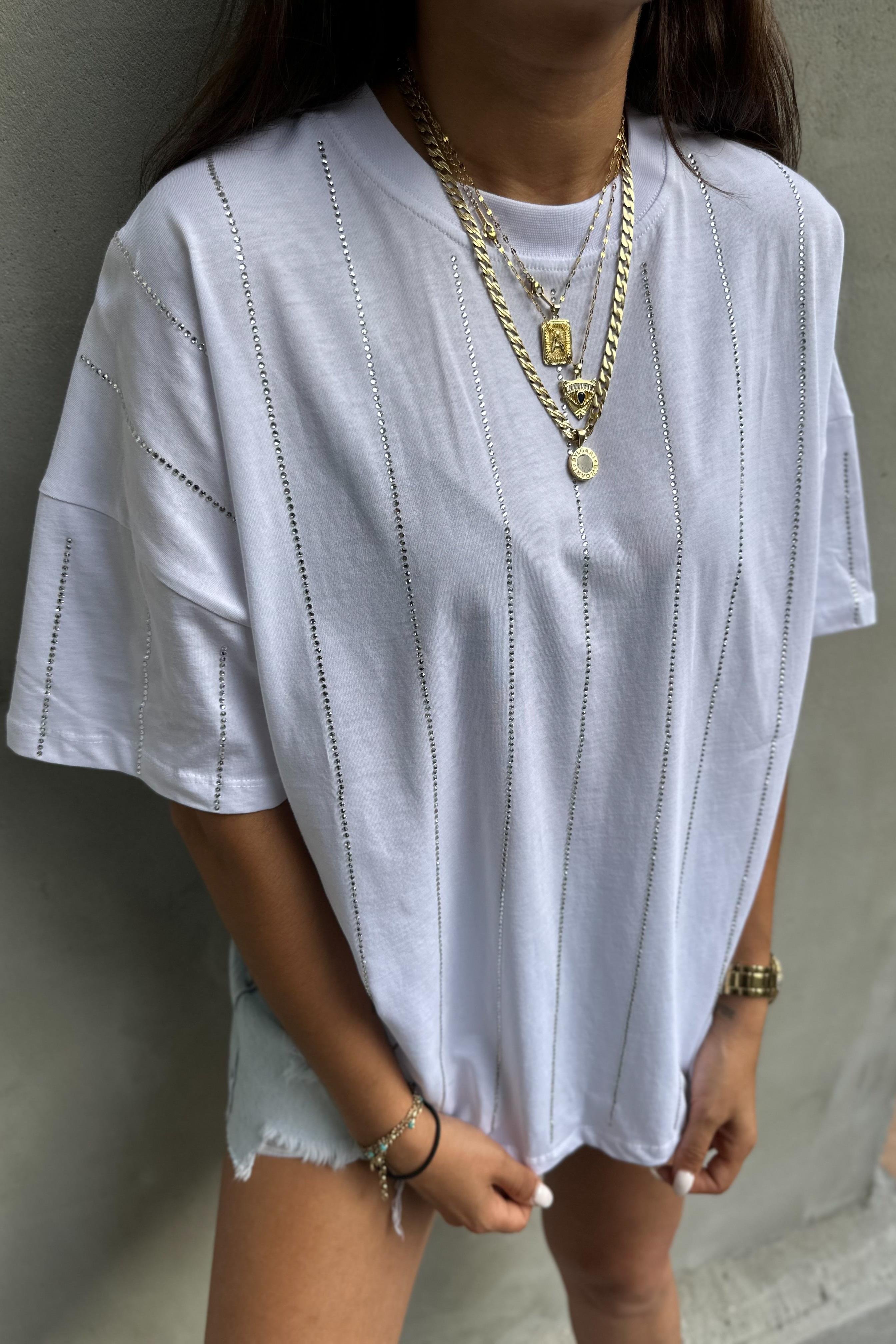 Şerit Taşlı Beyaz TshirtTSHİRT