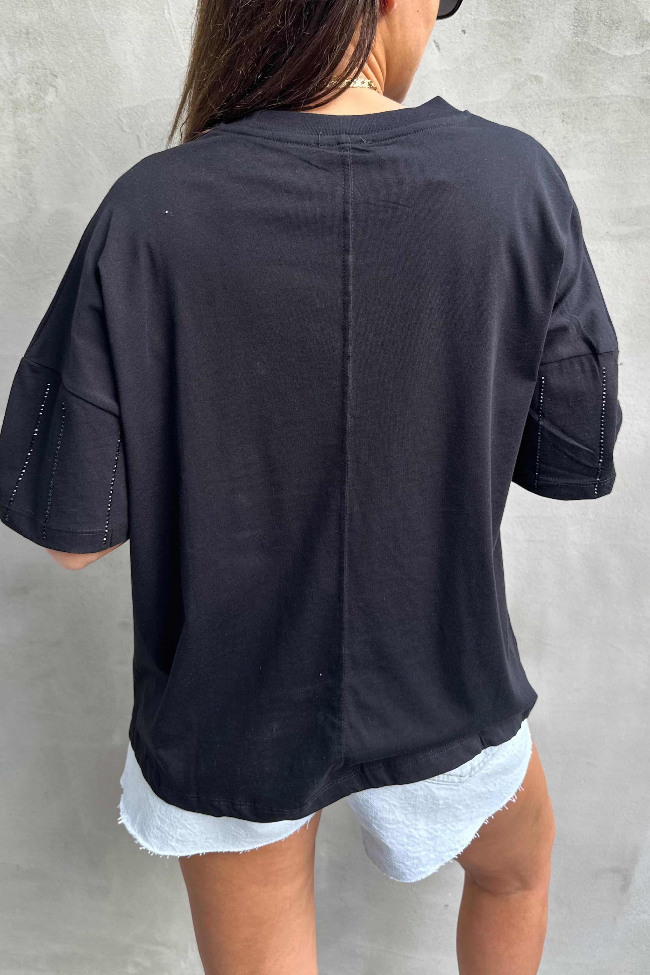 Şerit Taşlı Siyah TshirtTSHİRT
