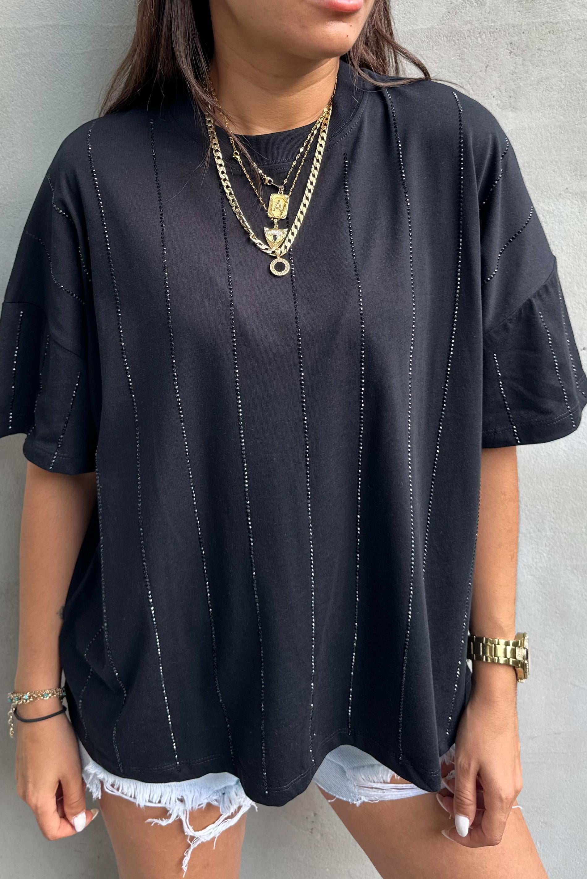 Şerit Taşlı Siyah TshirtTSHİRT