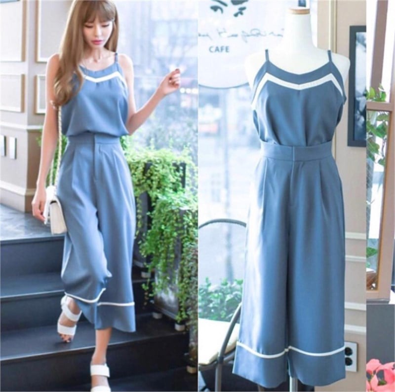 Şeritli Midi Pantalon Bluz Takım