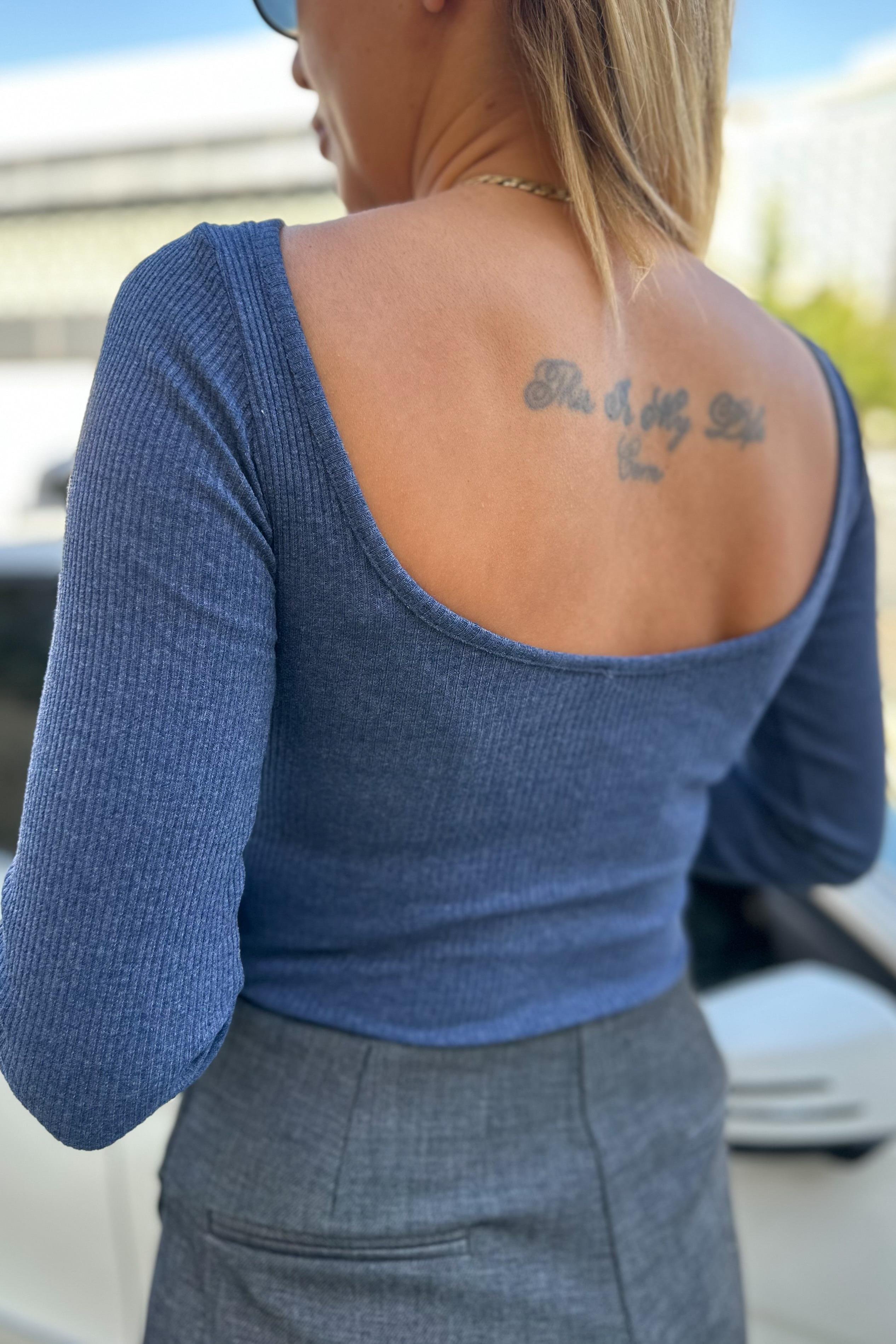Sırt Dekolteli İspanyol Kol İndigo Mavi BodyBLUZ