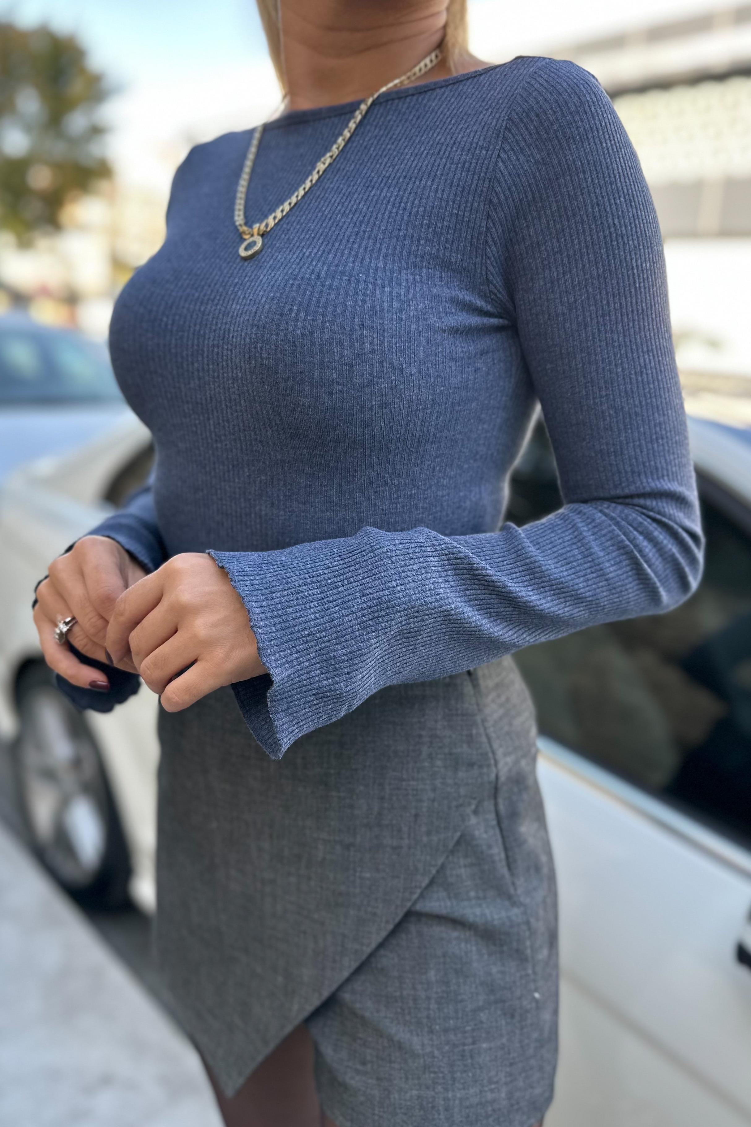 Sırt Dekolteli İspanyol Kol İndigo Mavi BodyBLUZ
