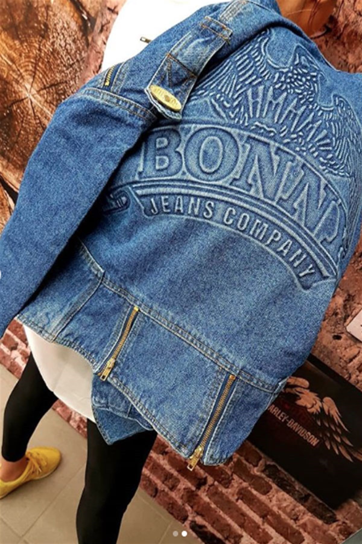 Sırtı Gofre Yazılı Biker Kot Mont