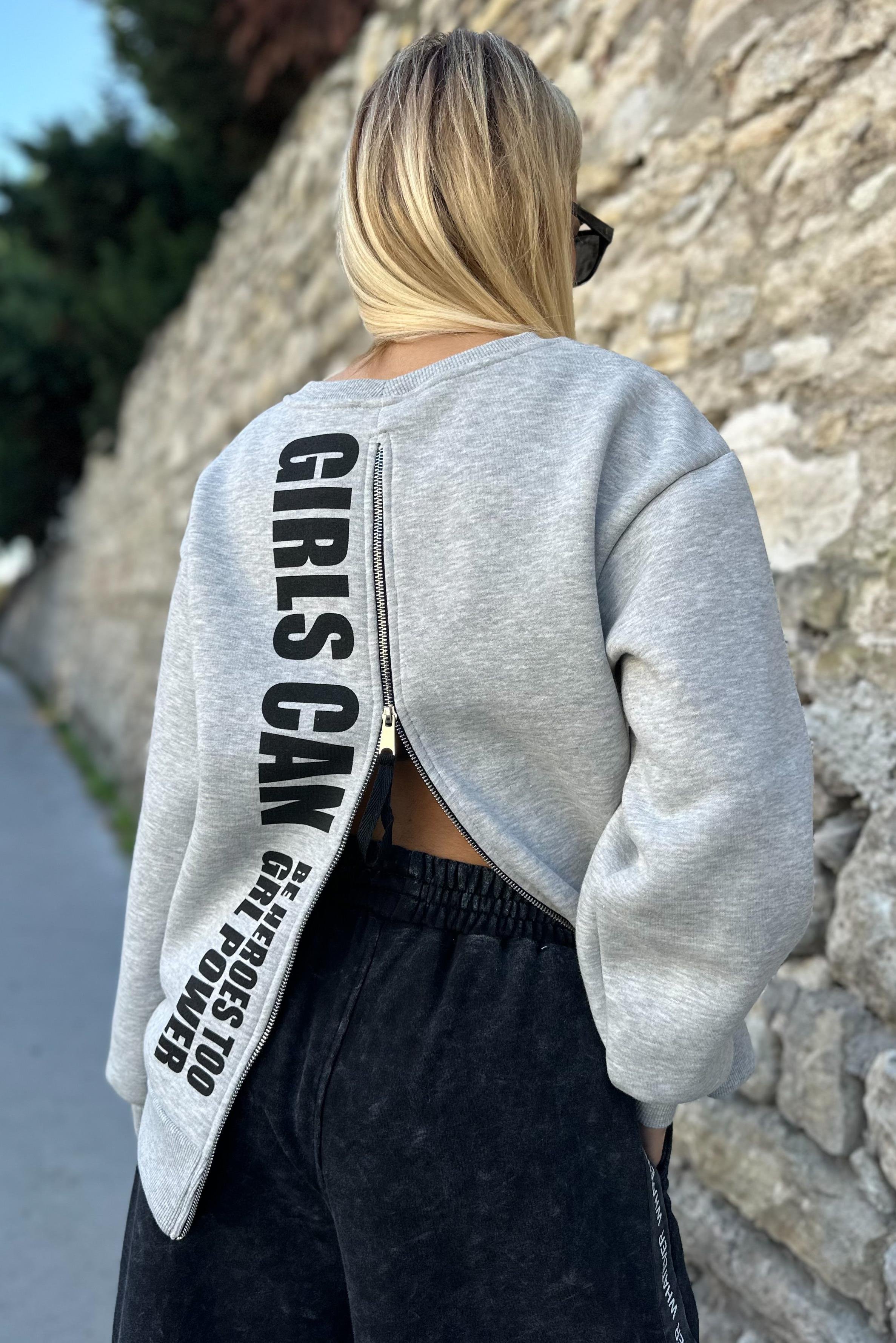 Sırtı Yazılı Fermuarlı Gri SweatshirtSWEATSHİRT
