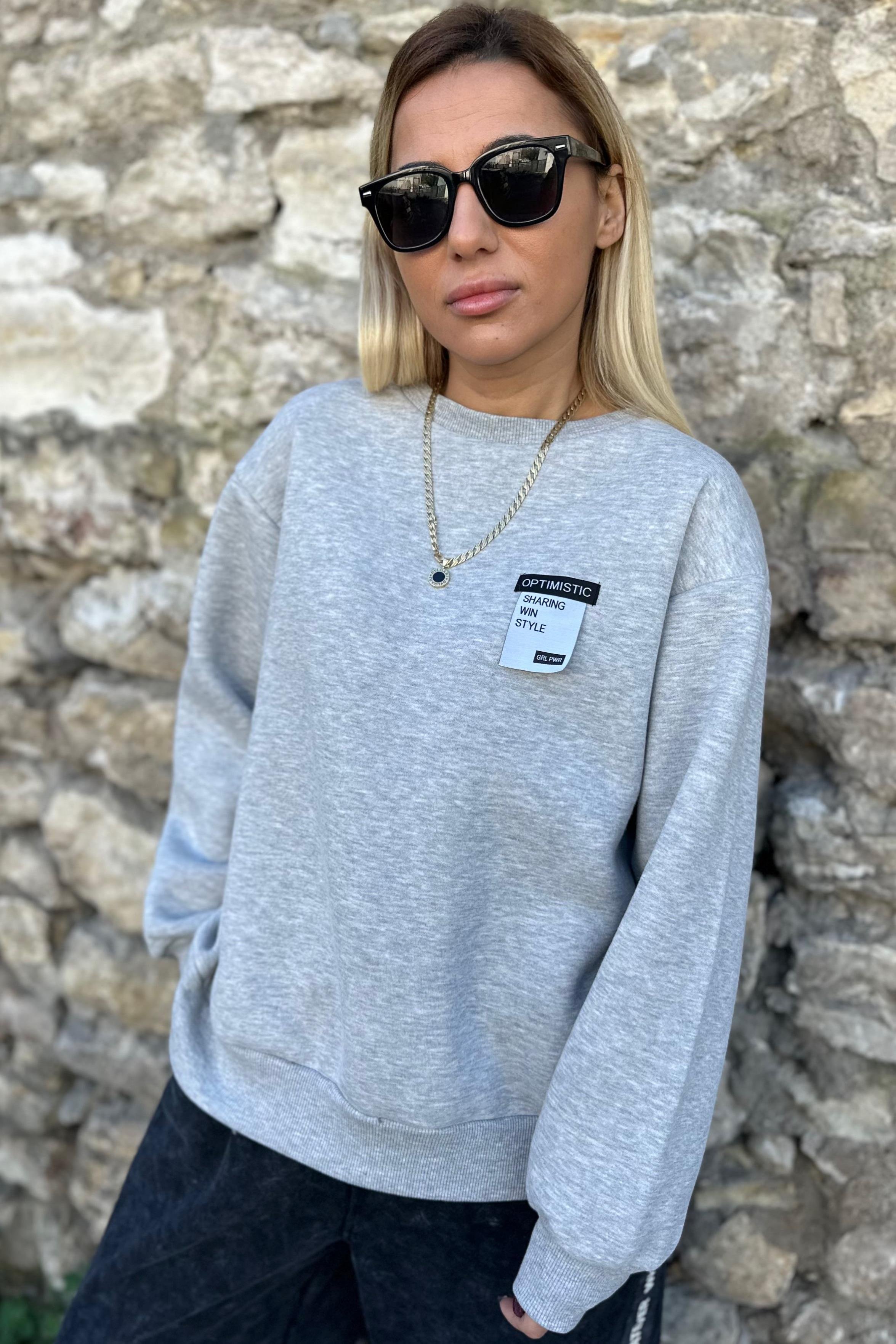 Sırtı Yazılı Fermuarlı Gri SweatshirtSWEATSHİRT