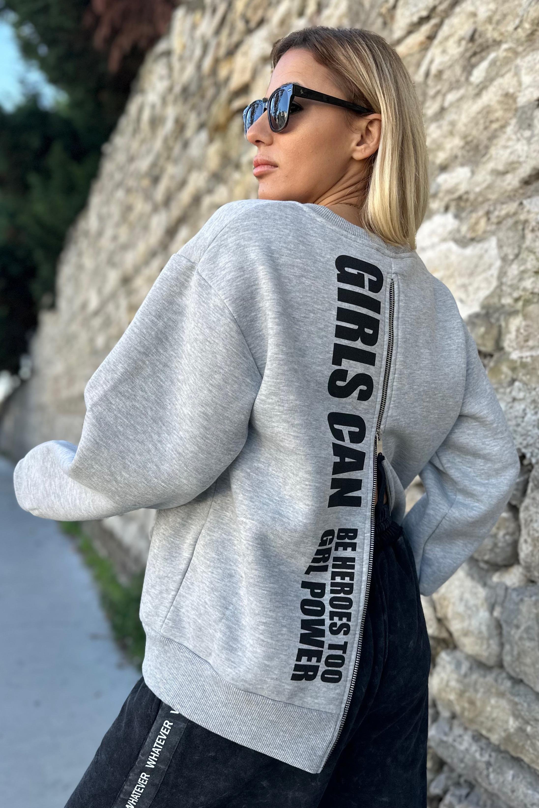 Sırtı Yazılı Fermuarlı Gri SweatshirtSWEATSHİRT