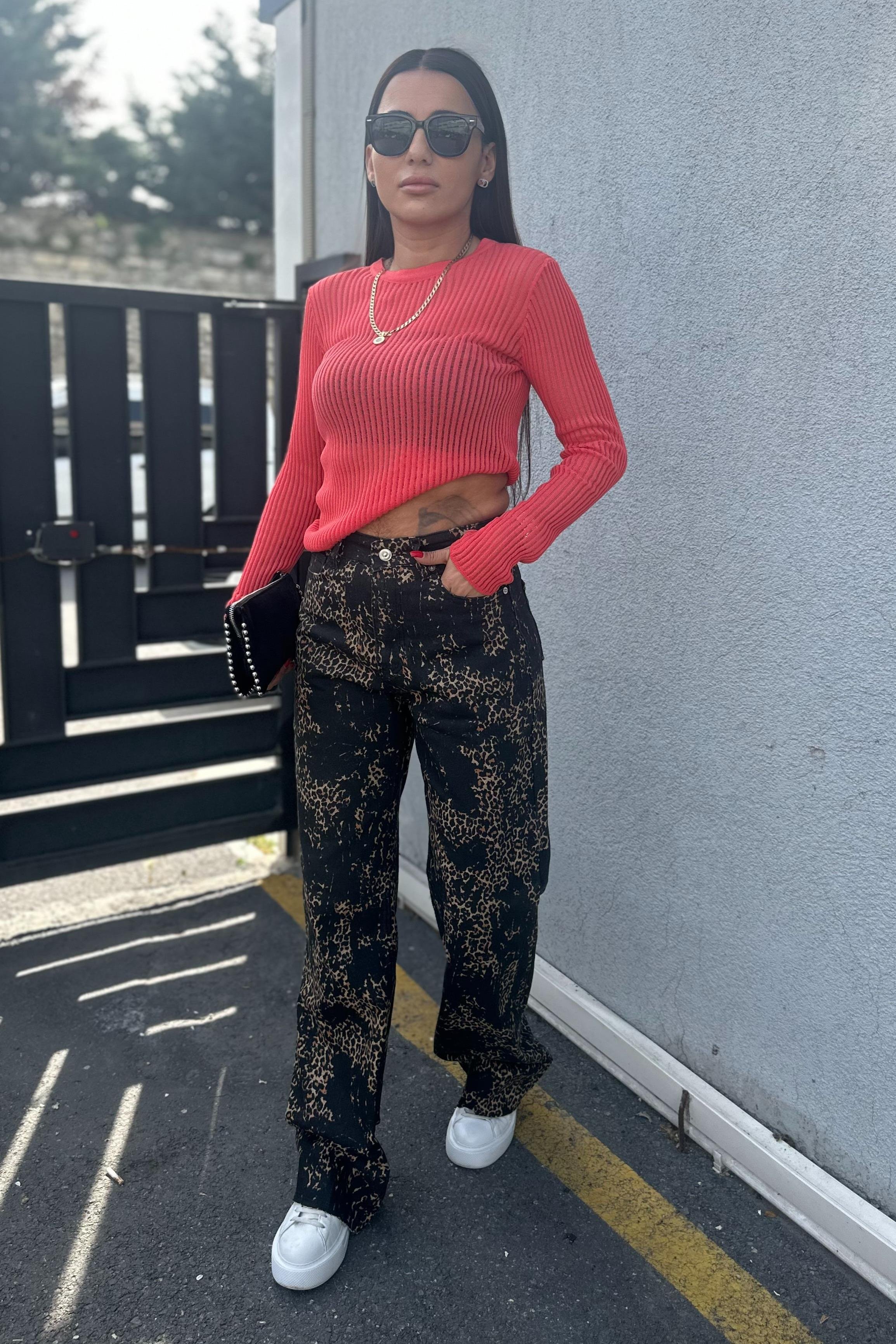 Siyah Eskitmeli Leopar PantolonJEAN