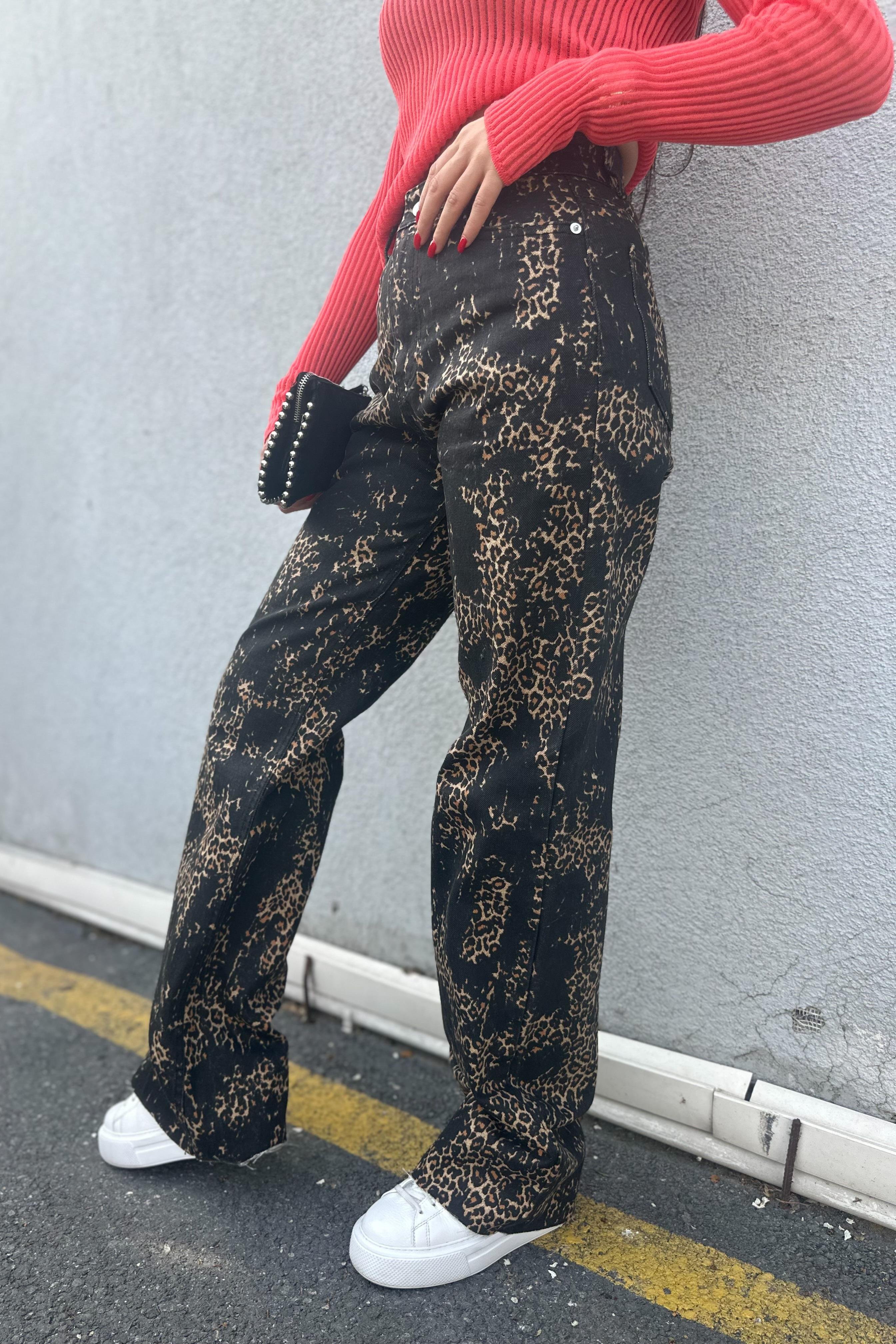 Siyah Eskitmeli Leopar PantolonJEAN
