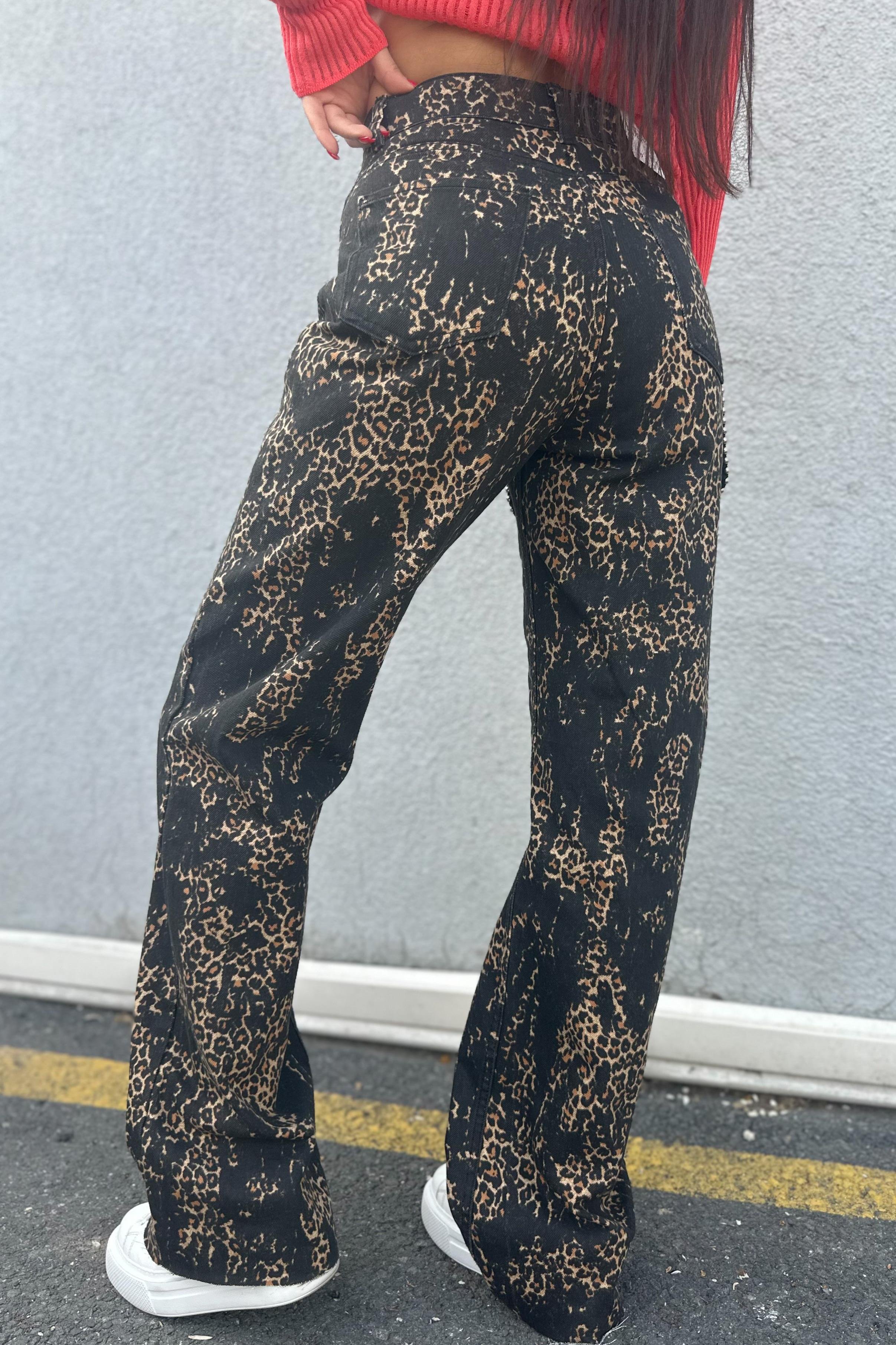 Siyah Eskitmeli Leopar PantolonJEAN