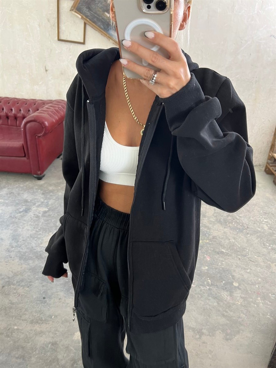Siyah Fermuarlı HoodieSWEATSHİRT
