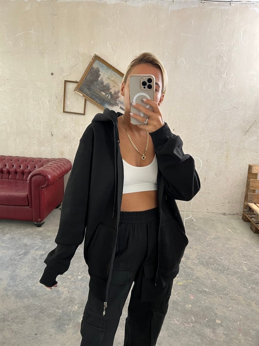 Siyah Fermuarlı HoodieSWEATSHİRT