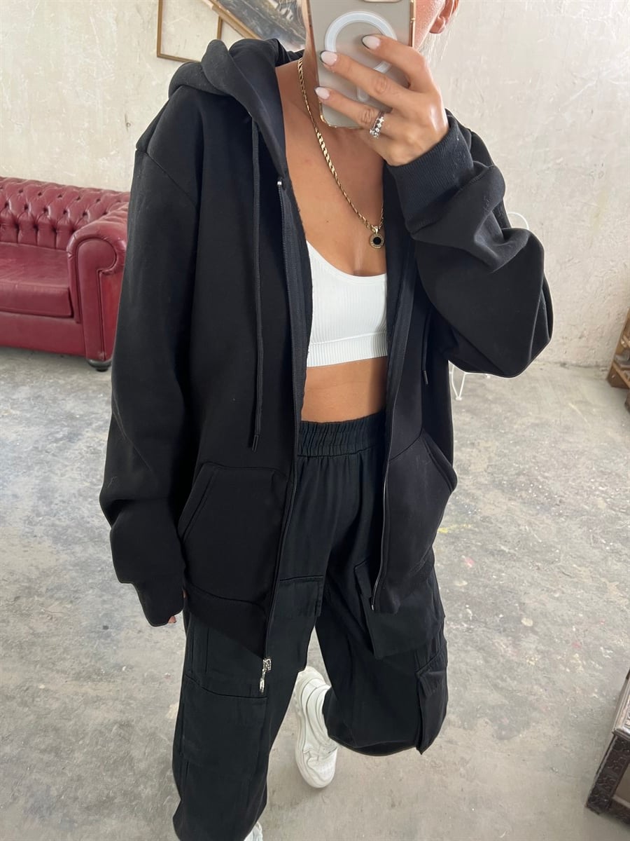 Siyah Fermuarlı HoodieSWEATSHİRT