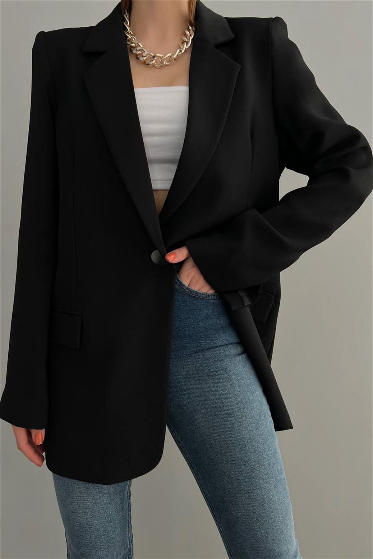 Siyah Sırtı Düğmeli Oversize CeketMONT/CEKET