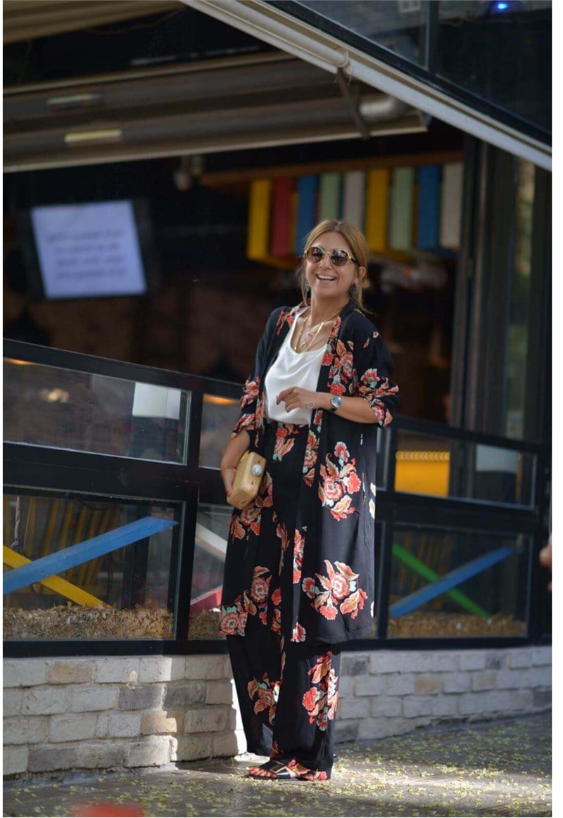 Siyah Üstü Çiçekli Kimono Pantalon Takım
