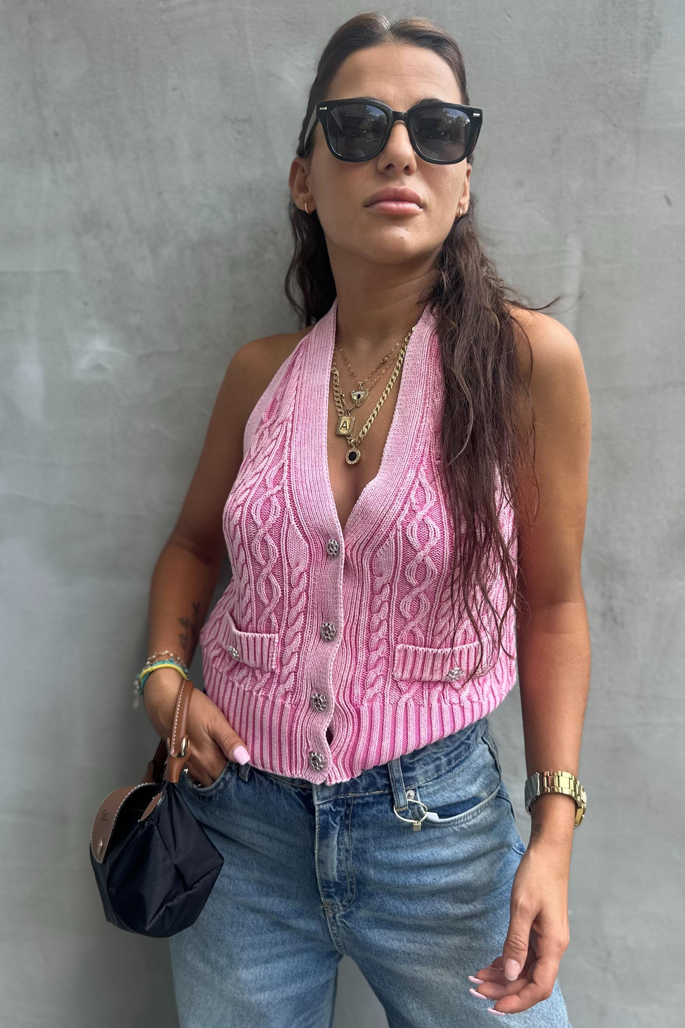Soluk Efektli V Halter Yaka Düğmeli Pembe Triko YelekYELEK