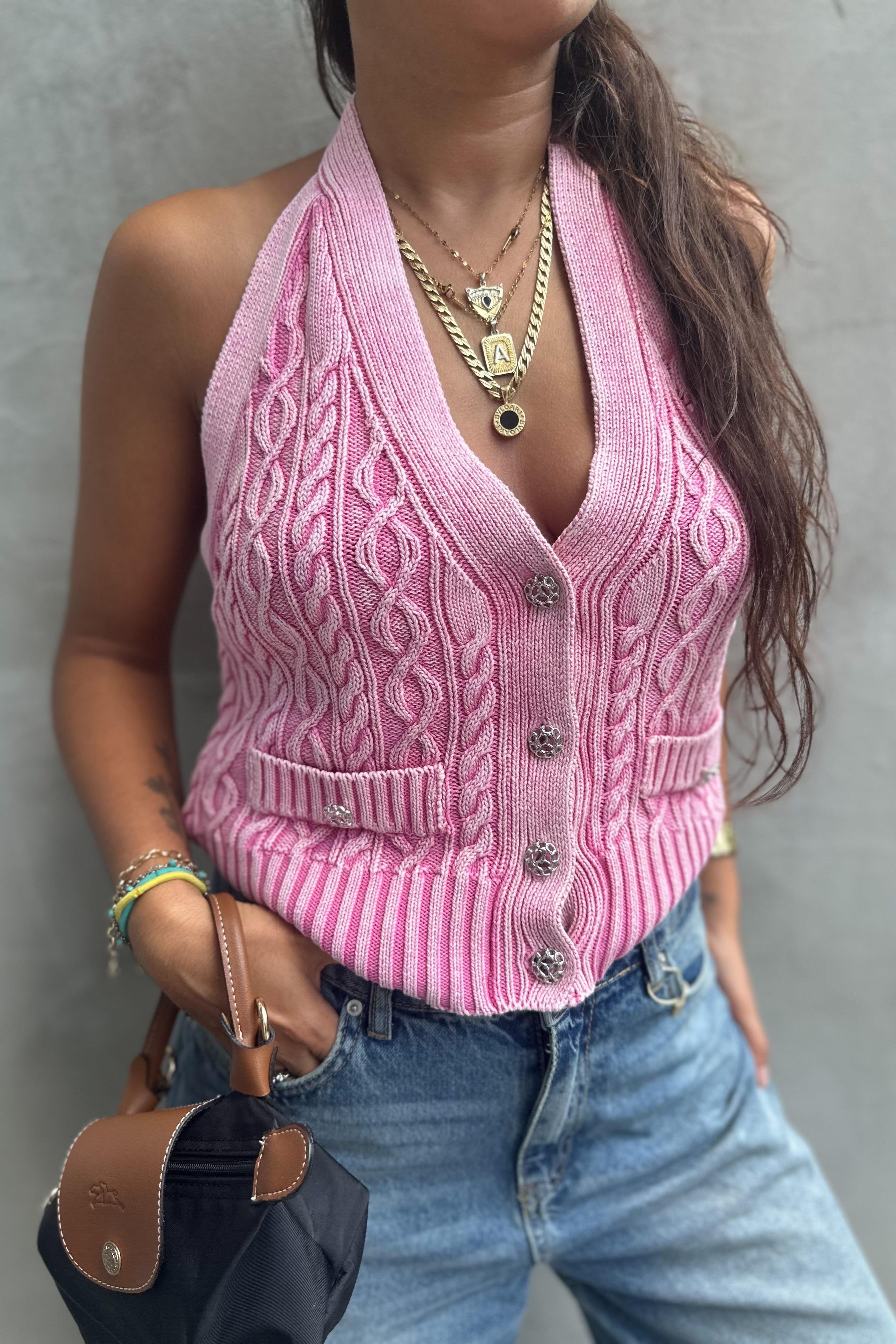 Soluk Efektli V Halter Yaka Düğmeli Pembe Triko YelekYELEK