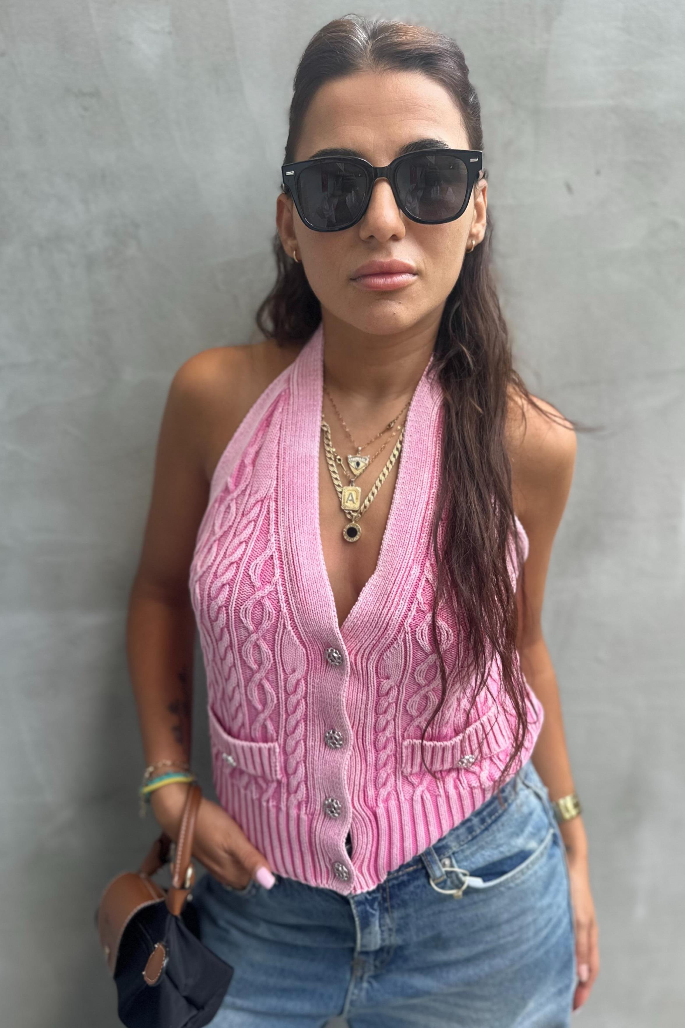Soluk Efektli V Halter Yaka Düğmeli Pembe Triko YelekYELEK