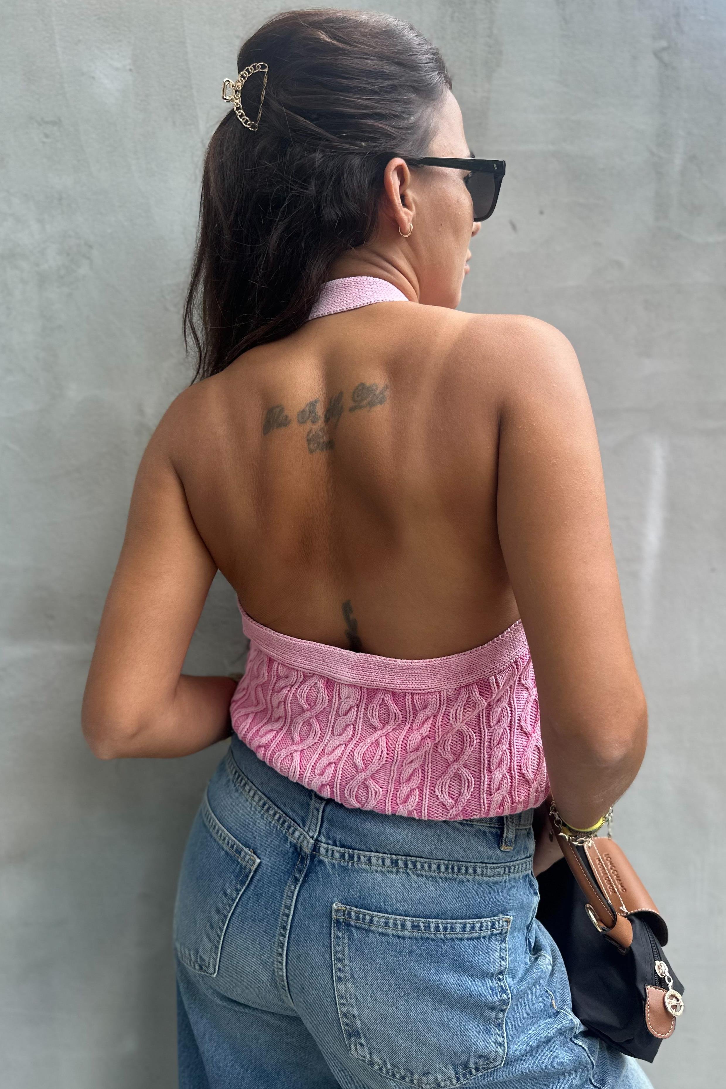 Soluk Efektli V Halter Yaka Düğmeli Pembe Triko YelekYELEK
