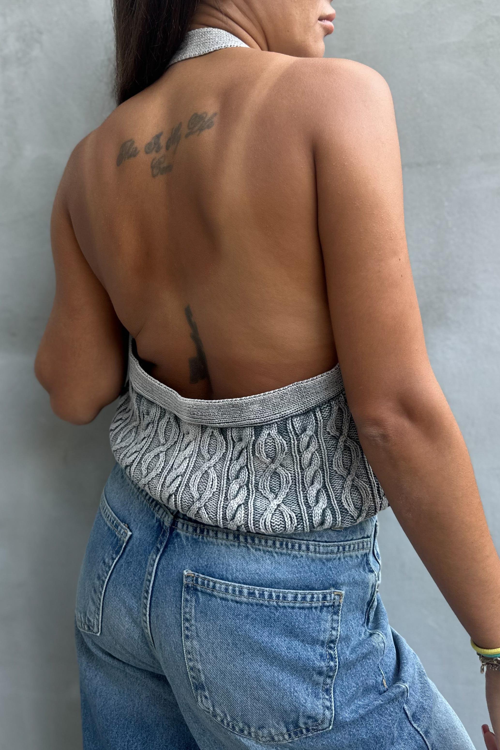 Soluk Efektli V Halter Yaka Düğmeli Yeşil Triko YelekYELEK