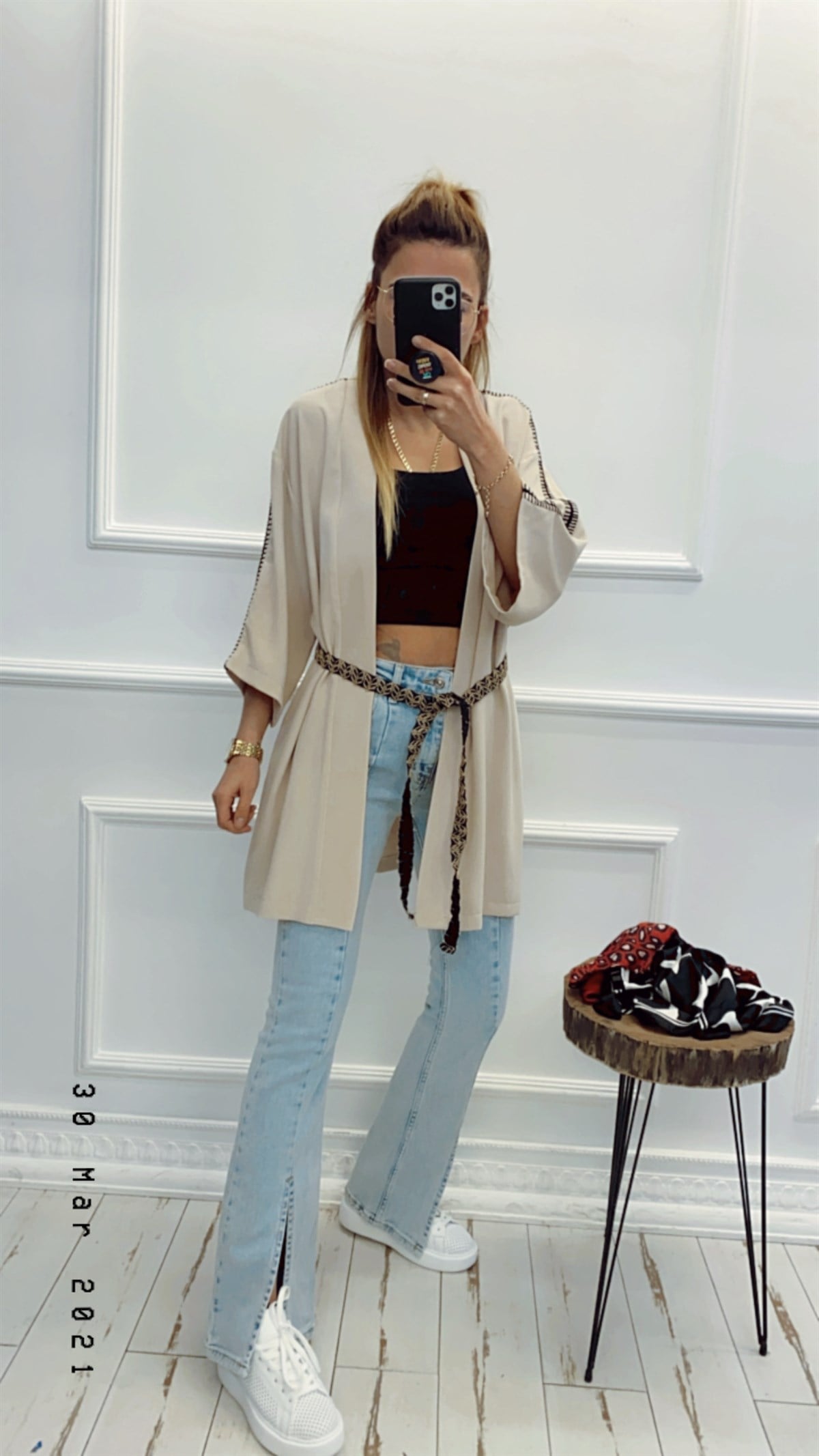 Taş Rengi Kuşak Detaylı Kimono Ceket