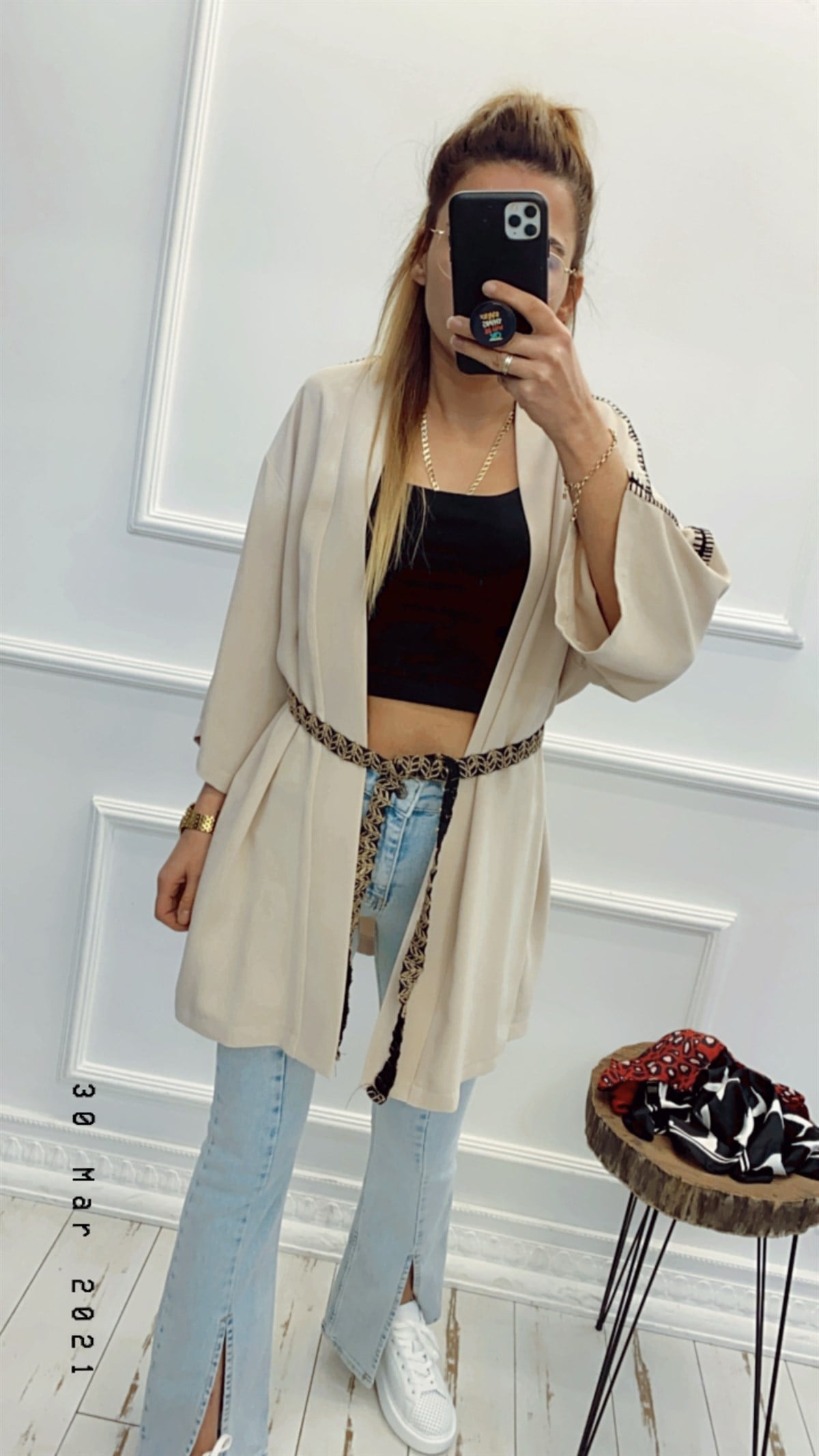 Taş Rengi Kuşak Detaylı Kimono Ceket