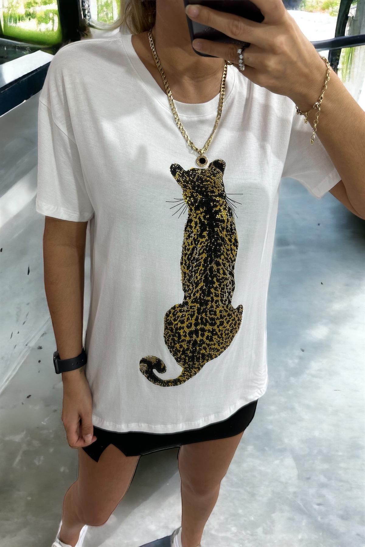 Taşlı Kaplanlı Beyaz TshirtTSHİRT