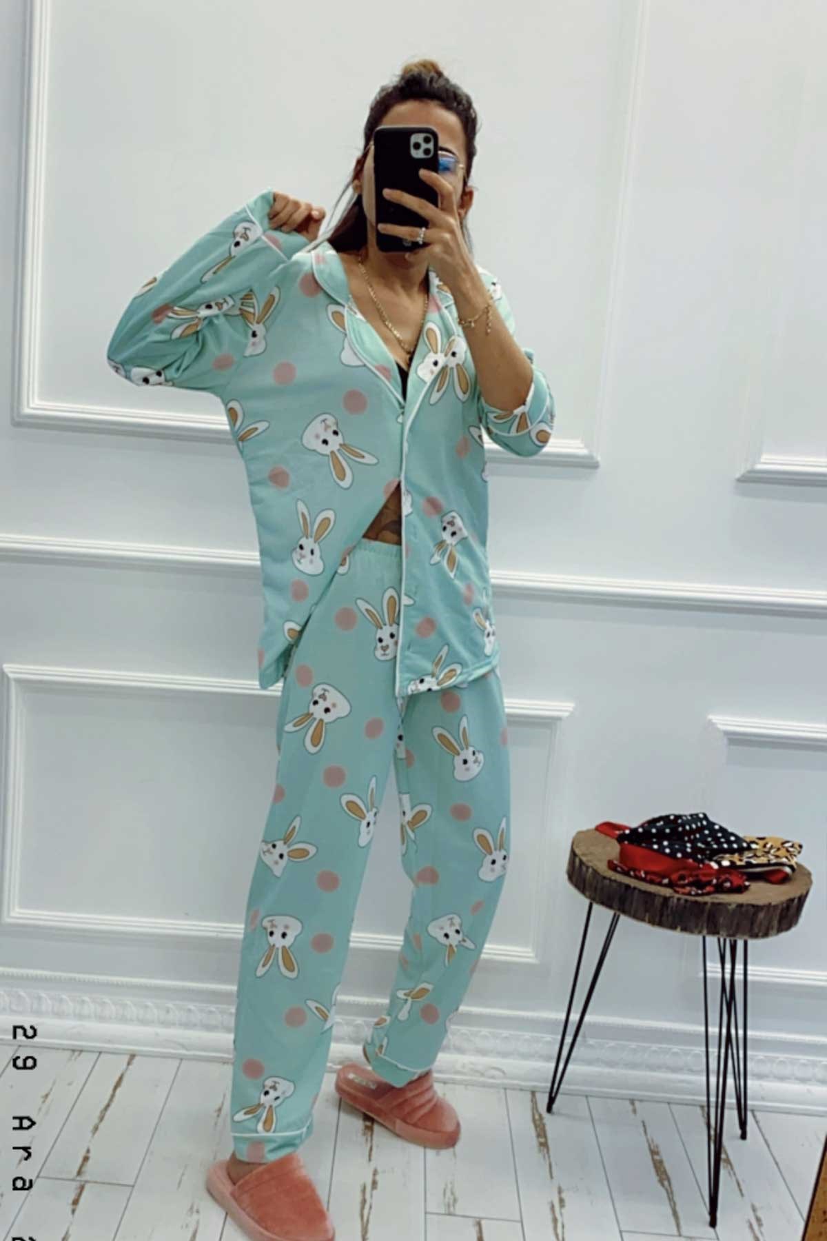 Tavşan Baskılı Göz Bantlı Pijama Takım
