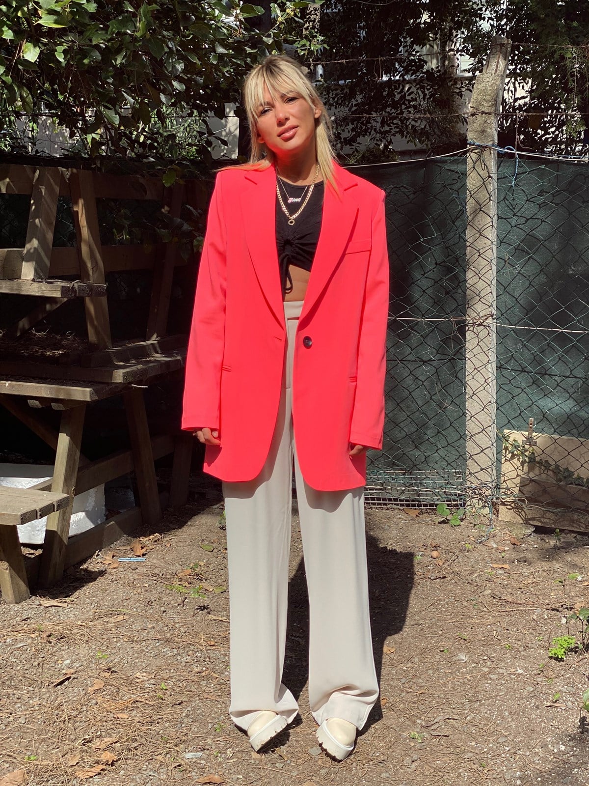 Tek Düğme Neon Pembe Oversize CeketMONT/CEKET