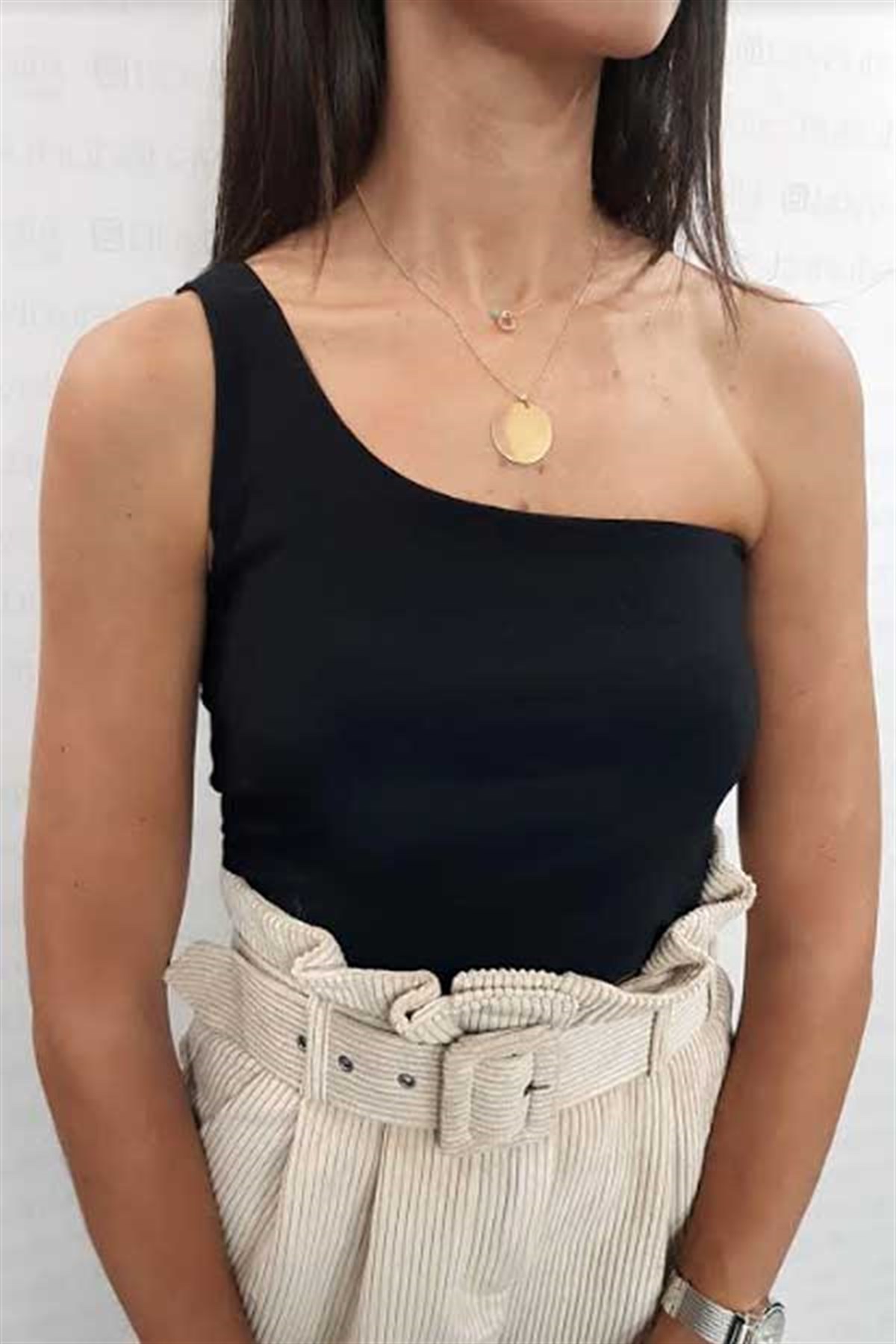 Tek Omuz Askılı Mini Crop Bluz