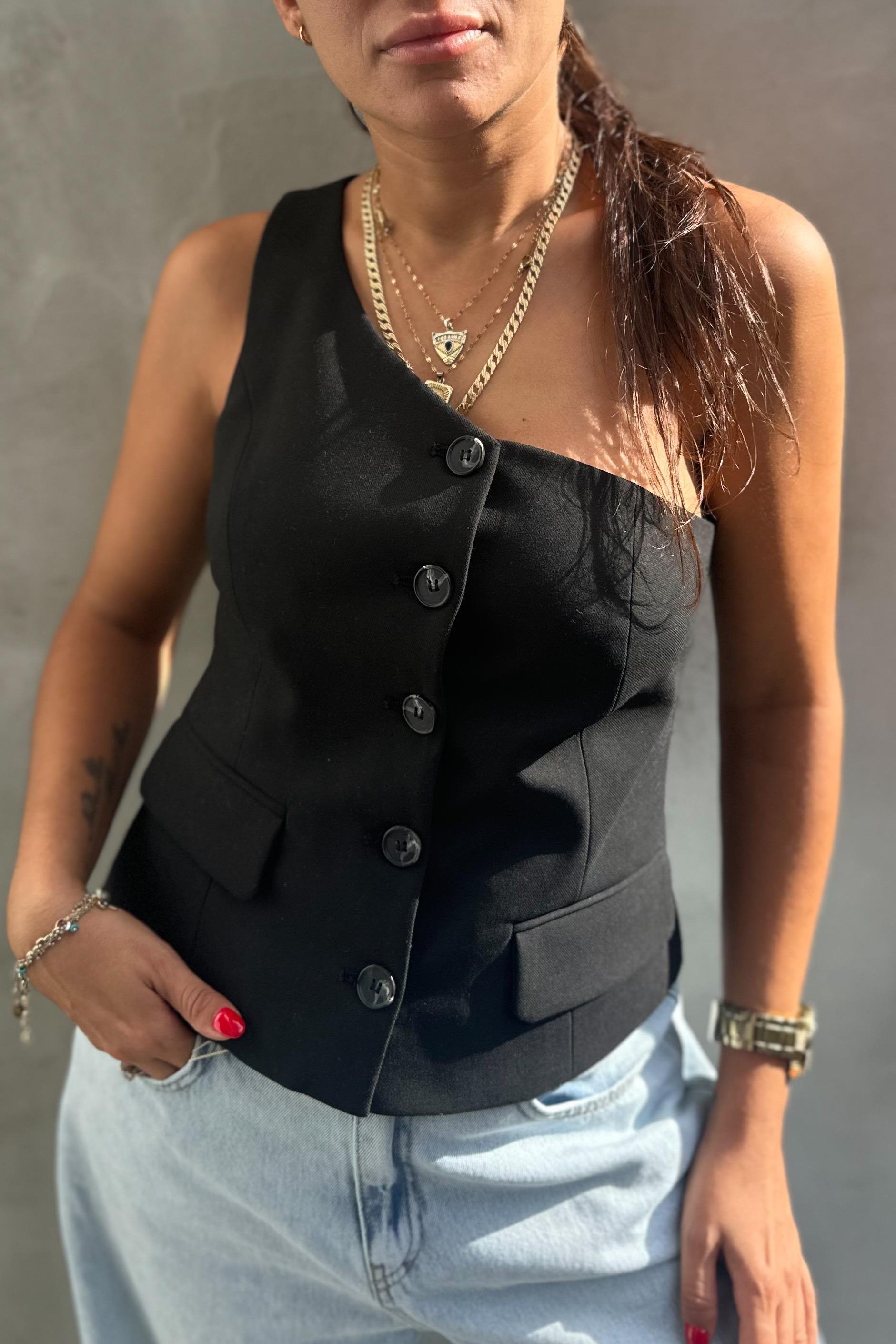 Tek Omuz Düğmeli Siyah Blazer YelekYELEK