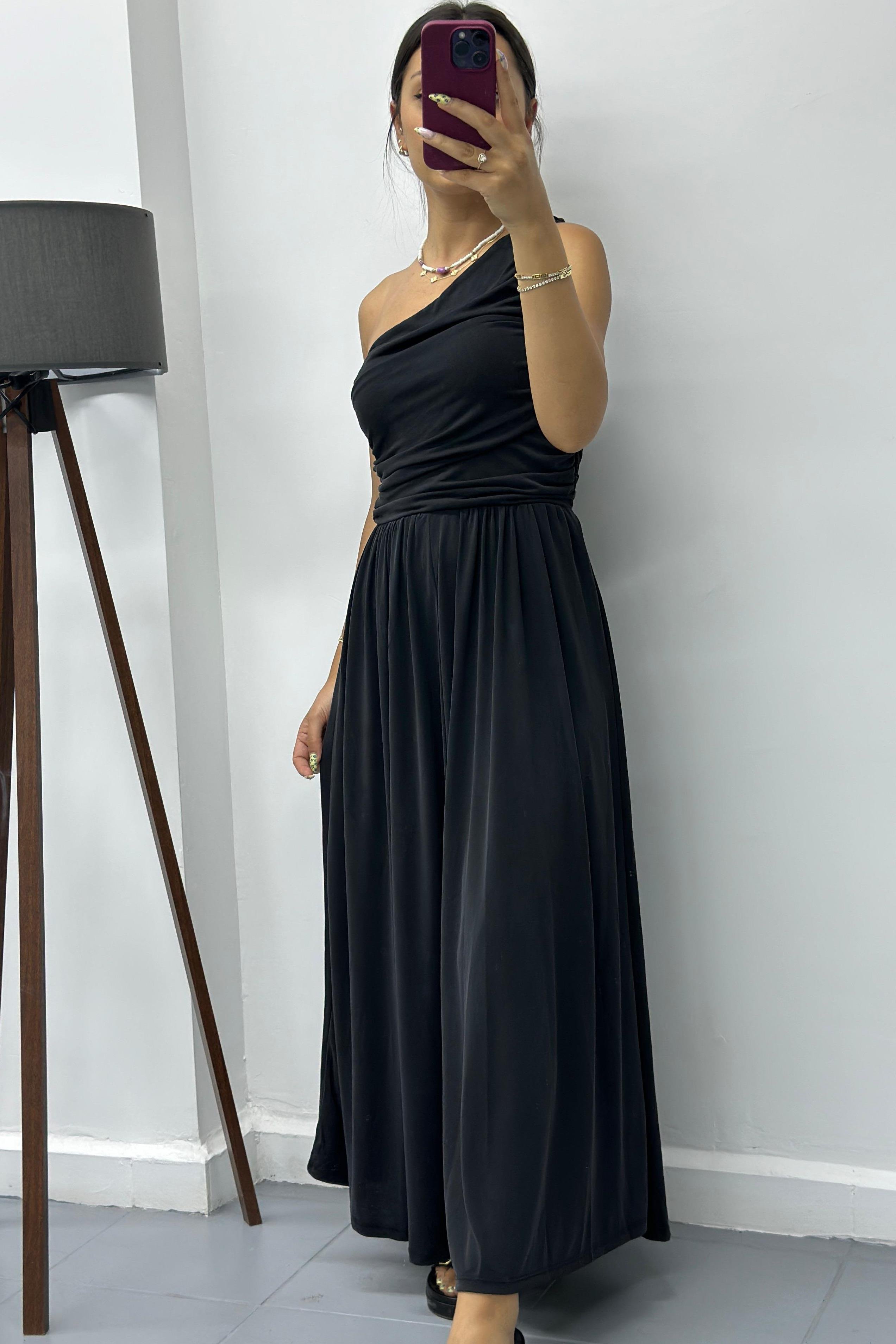 Tek Omuz Örme Siyah ElbiseELBİSE