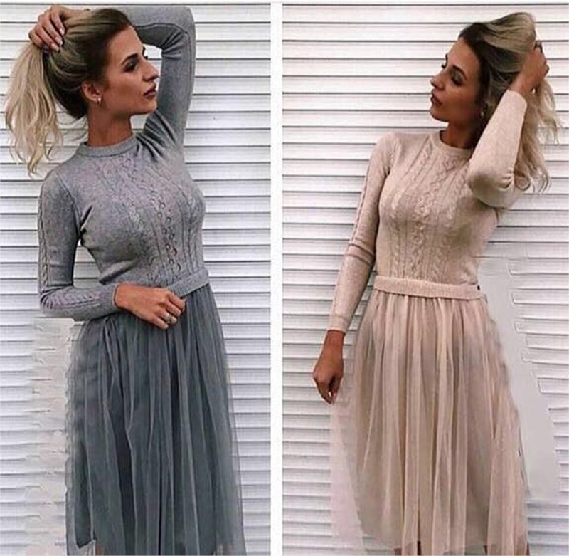 Tül Detaylı Triko Elbise