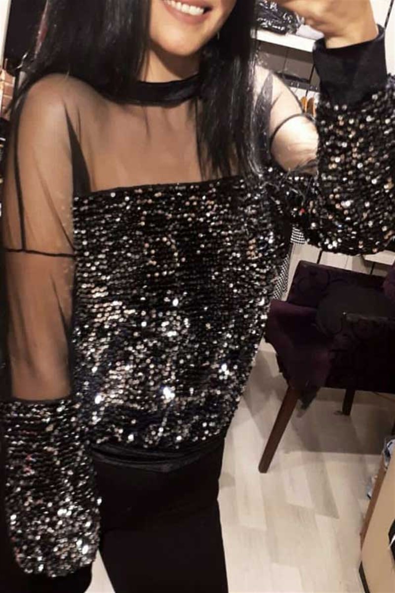 Tül Ve Payet Detay Bluz