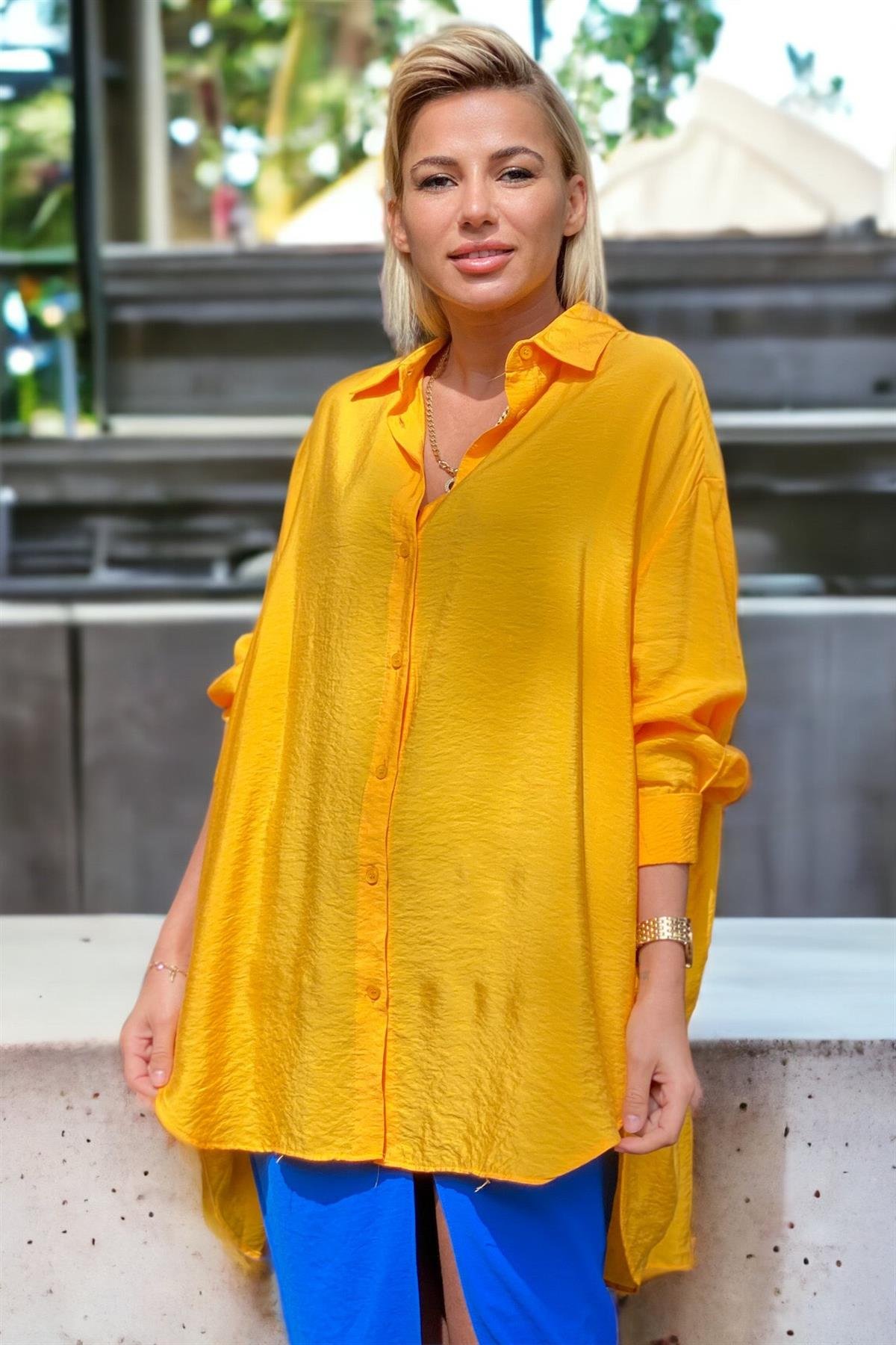 Turuncu Oversize Krinkıl Kumaş GömlekGÖMLEK