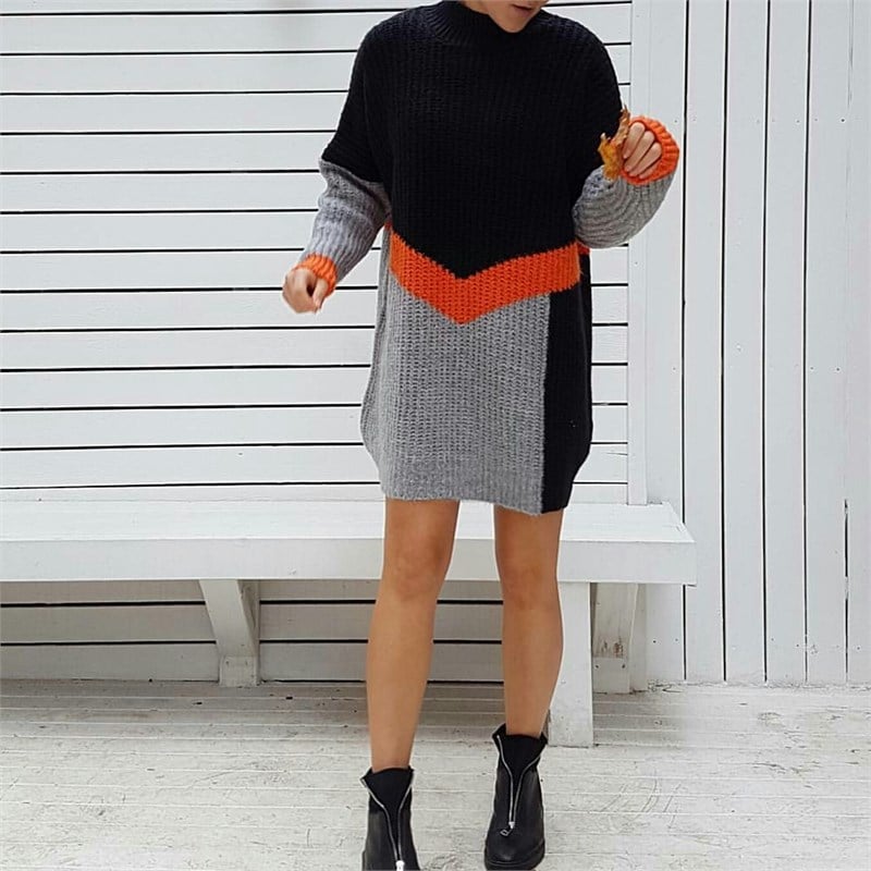 Turuncu Şeritli Oversize Triko