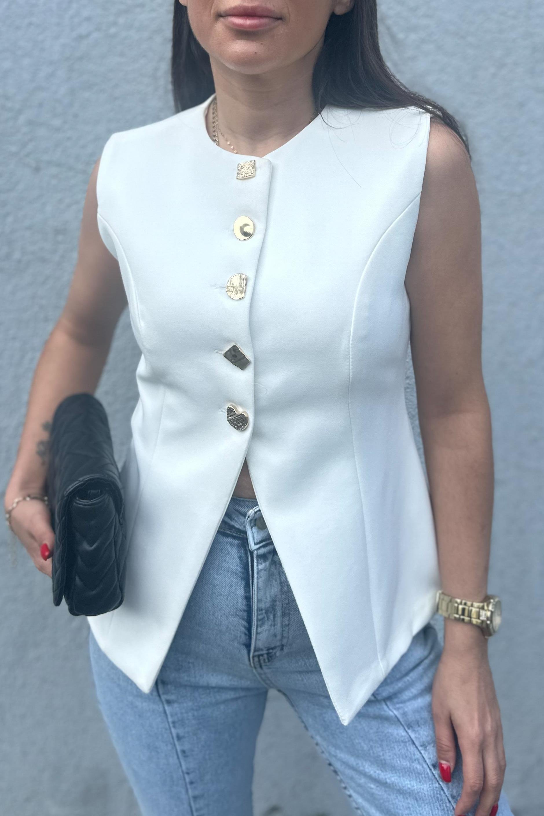 Üçgen Düğmeli Beyaz Blazer YelekMONT/CEKET