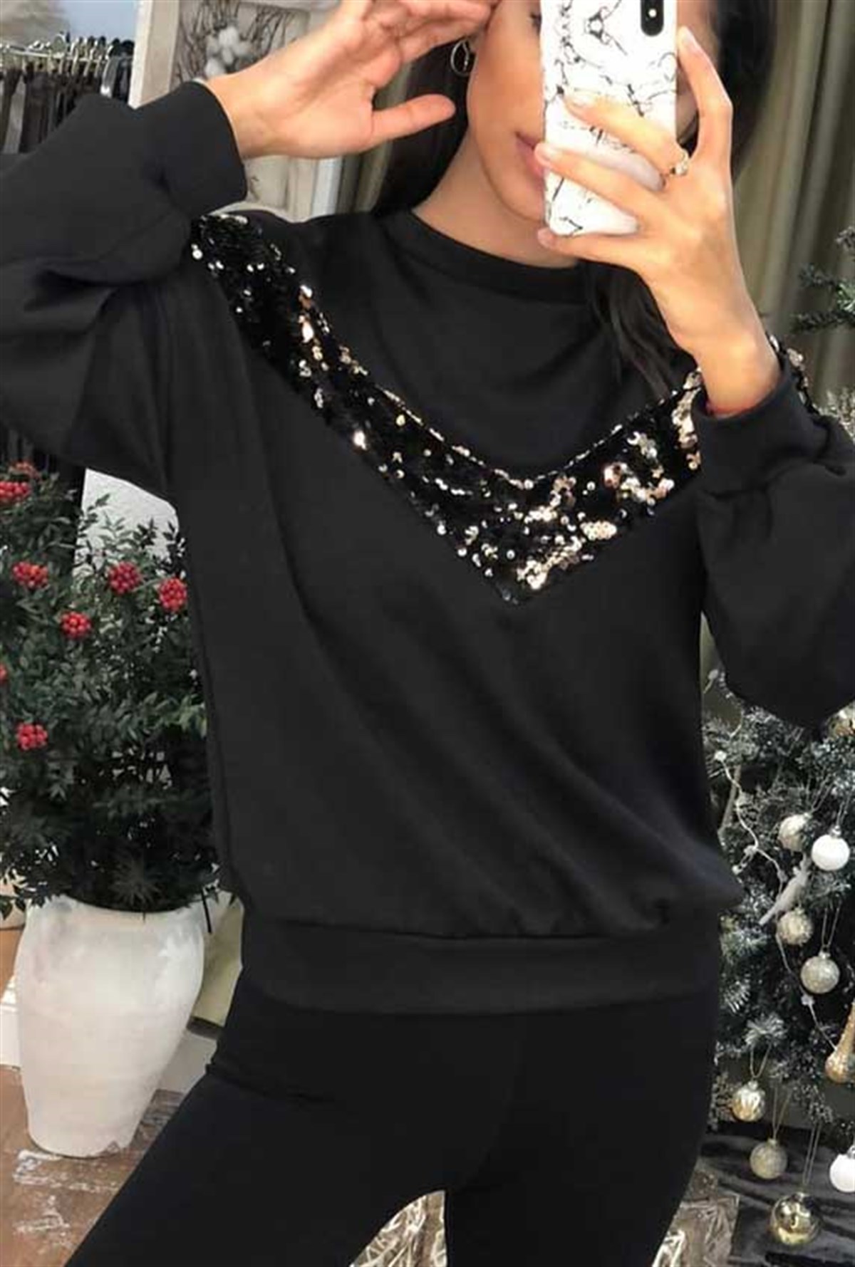 V Payet Şeritli Sweat