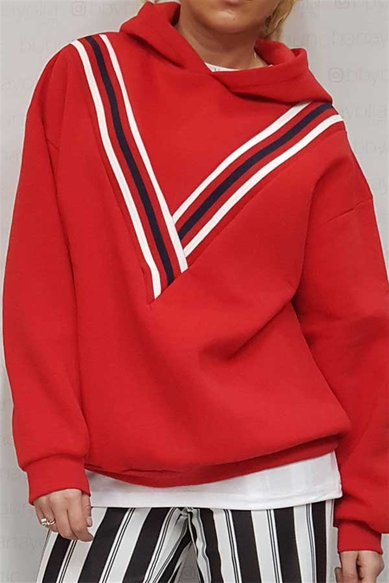 V Şeritli Kapşonlu Sweatshirt