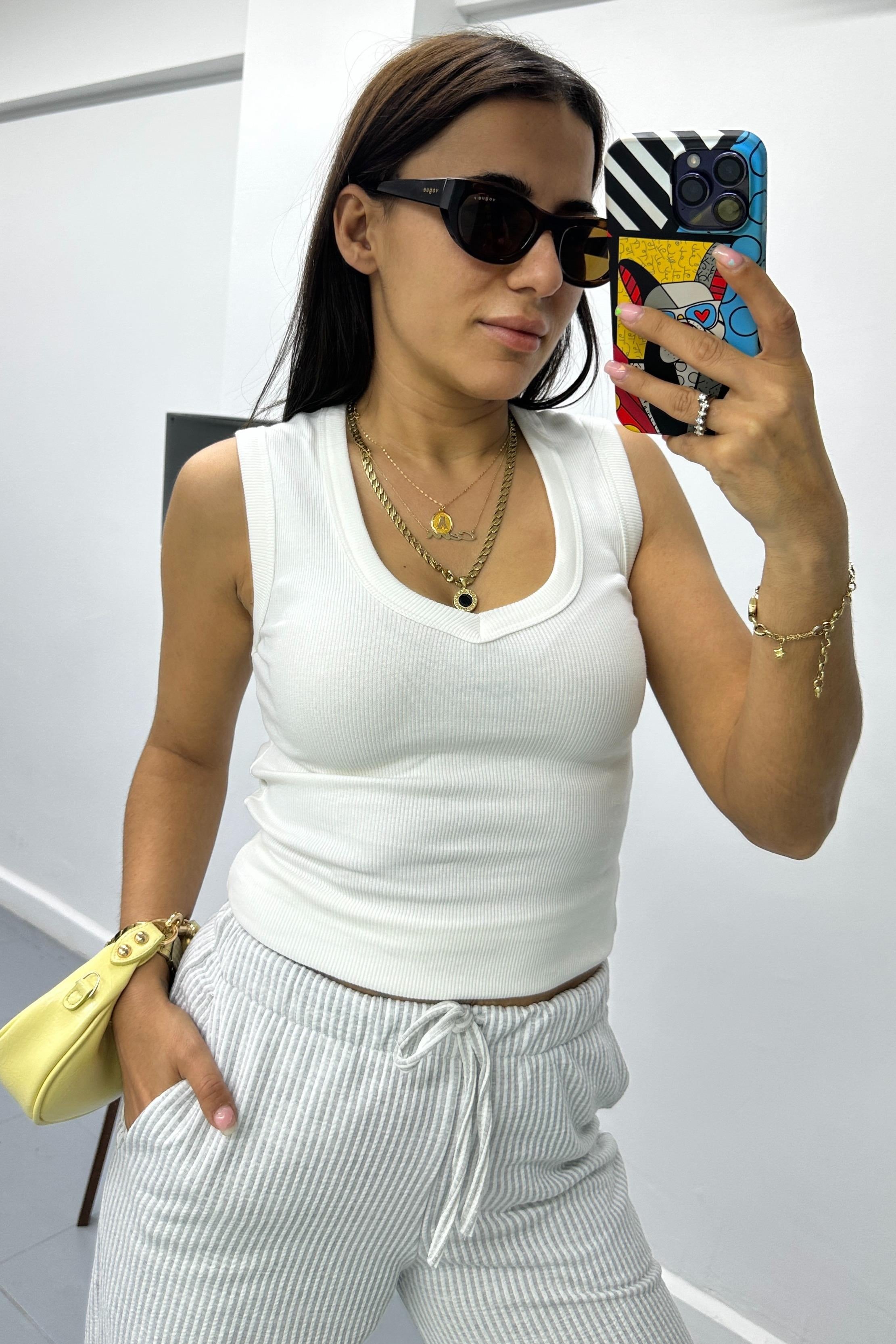 V Yaka Ekru BluzBLUZ